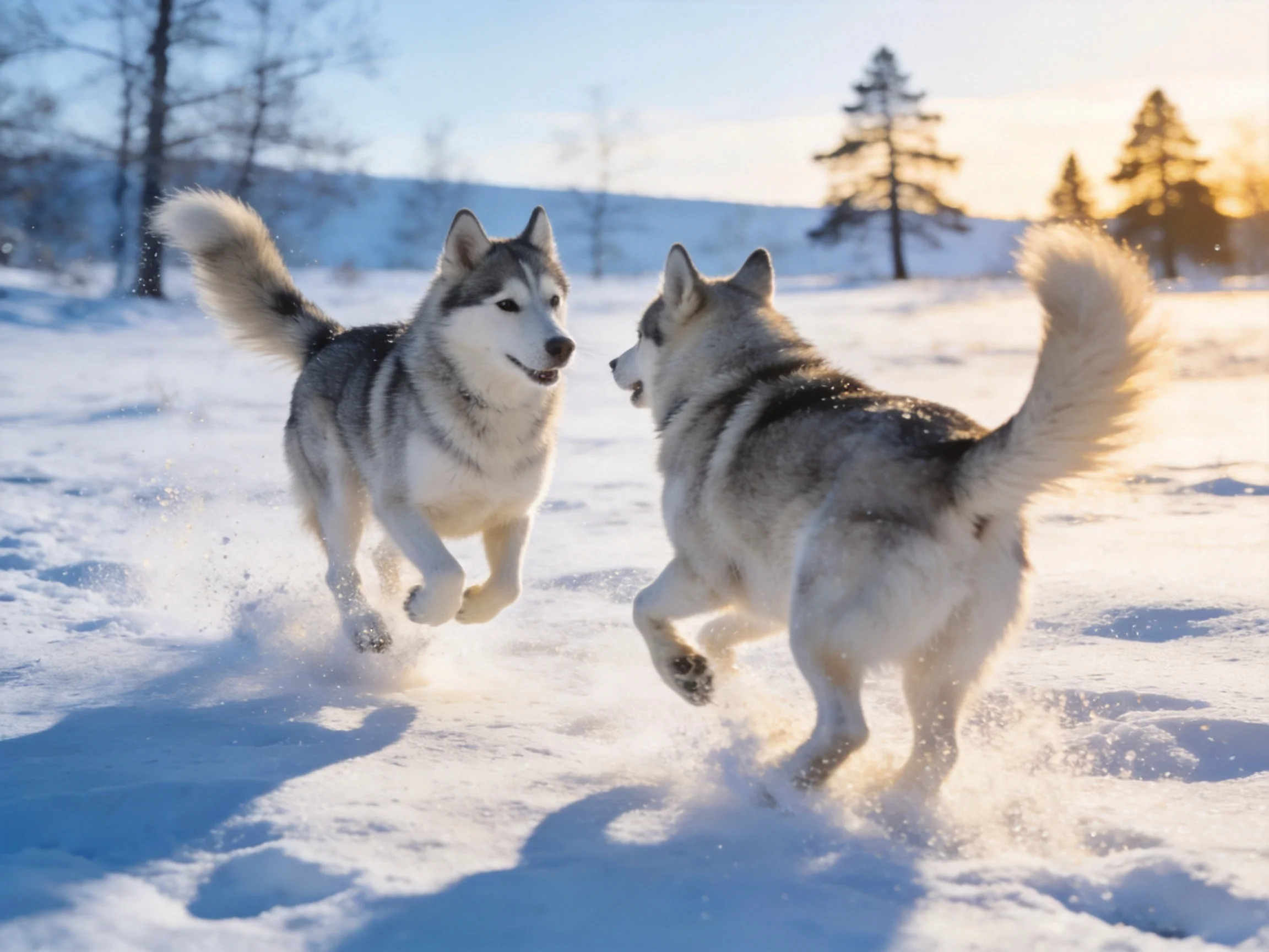 Two gray-and-white Siberian Huskies running through a sunlit snowy field