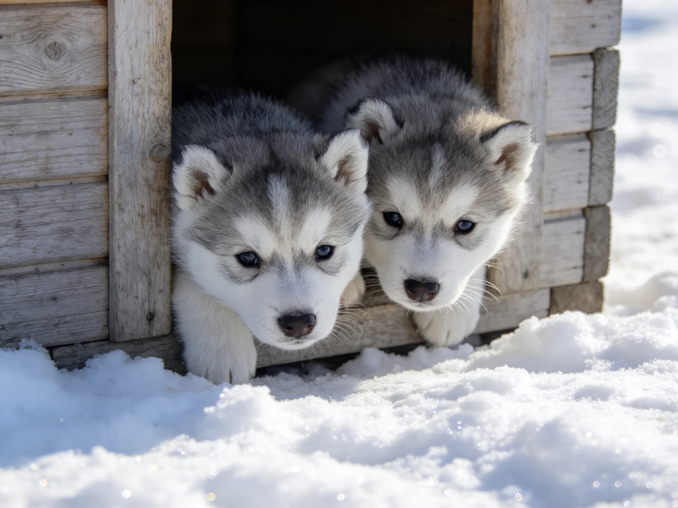 Two gray-and-white husky puppies peek from a wooden doghouse amid snow