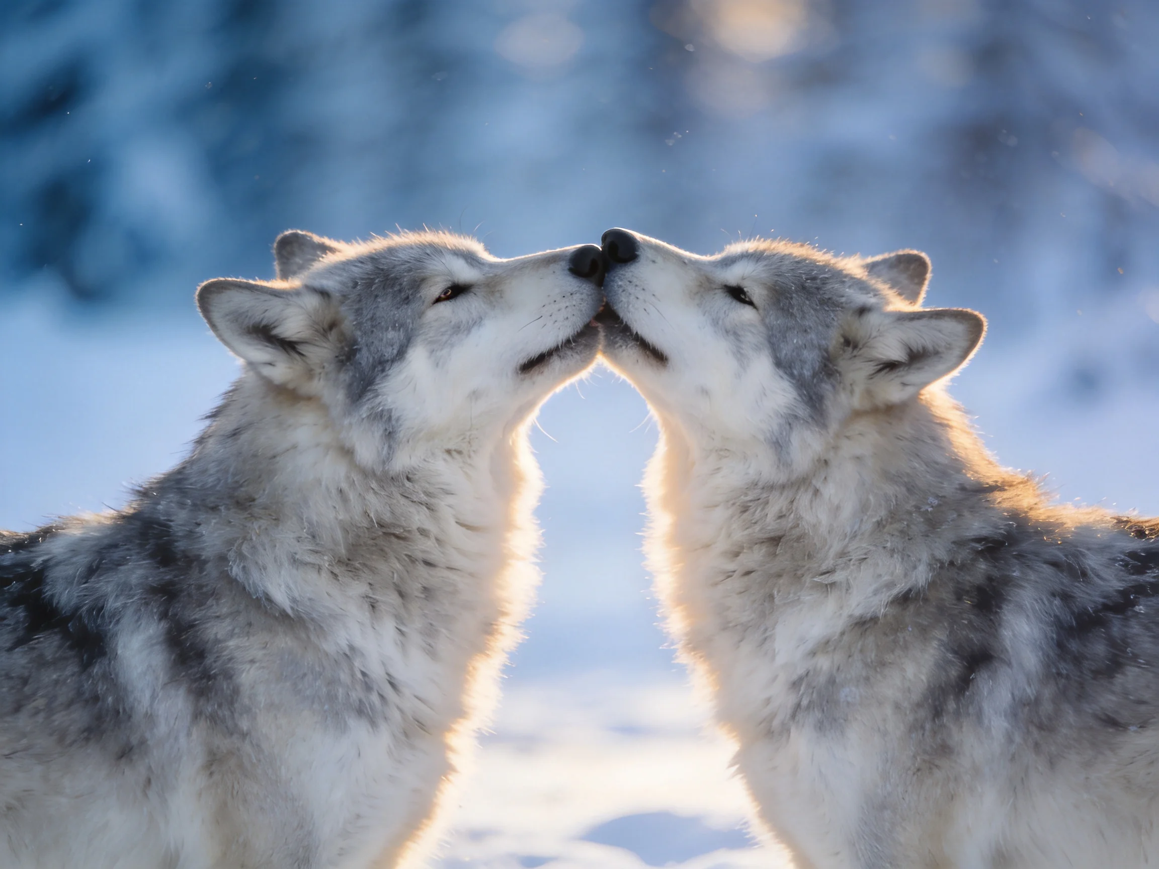Two gray-and-white wolves nuzzle closely in a snowy landscape