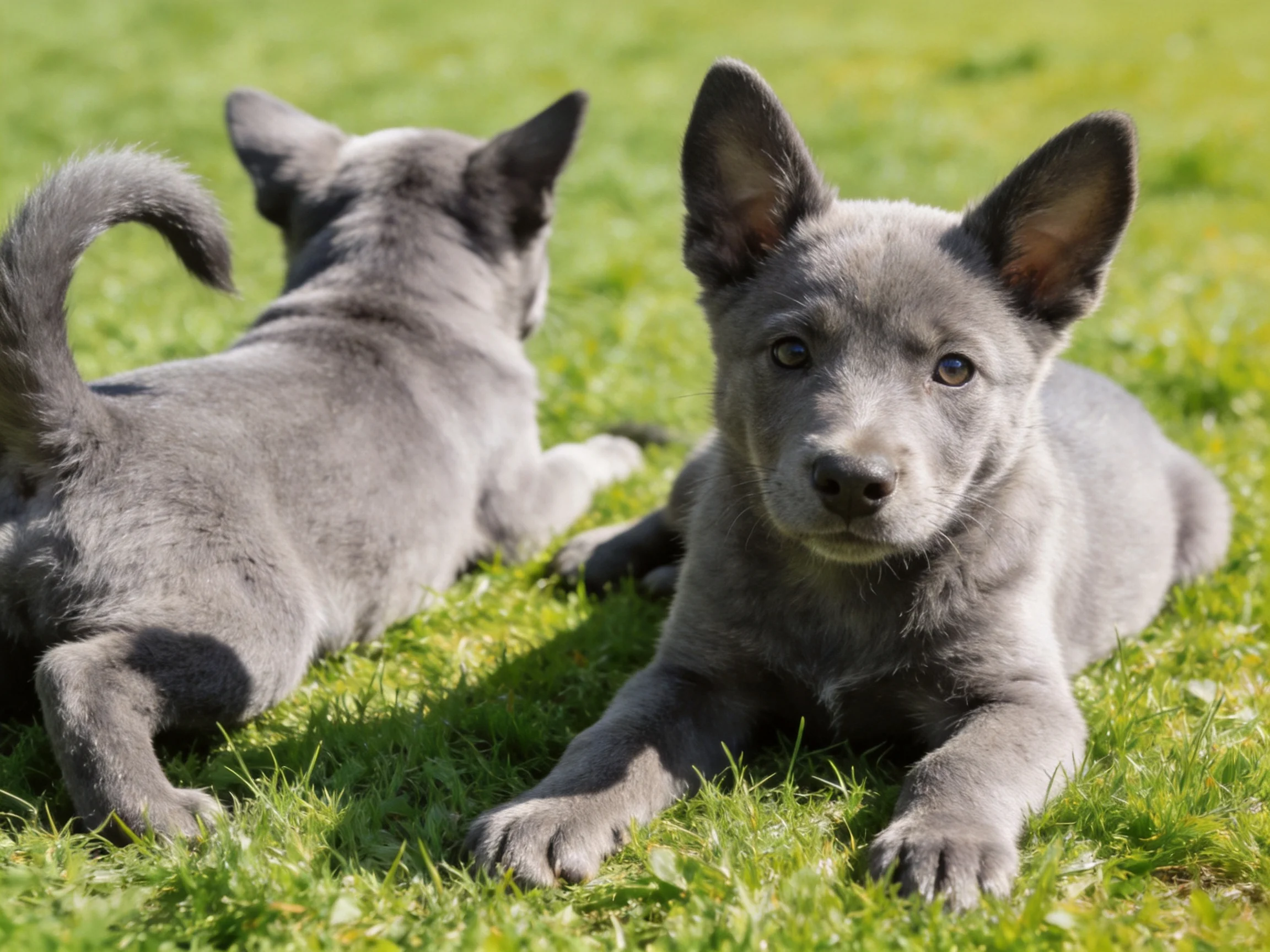 Two gray puppies lounge on lush green grass in bright sunlight