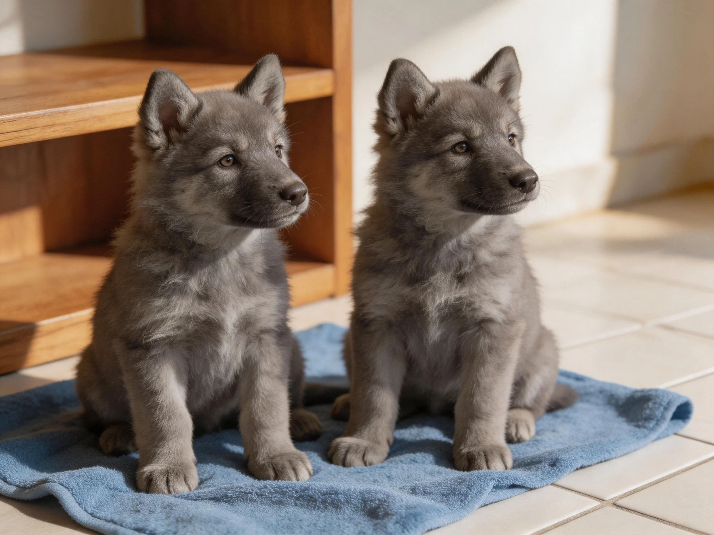 Two gray puppies sit on a blue towel near wooden shelving.