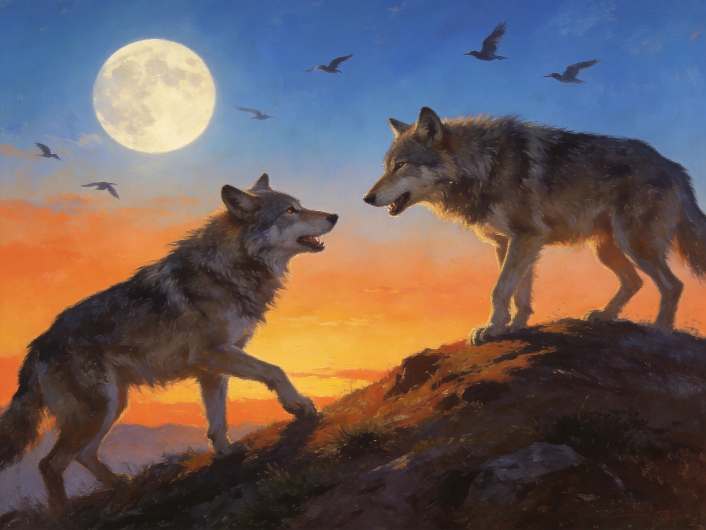 Two gray wolves interact on a rocky hill under a bright full moon and colorful twilight