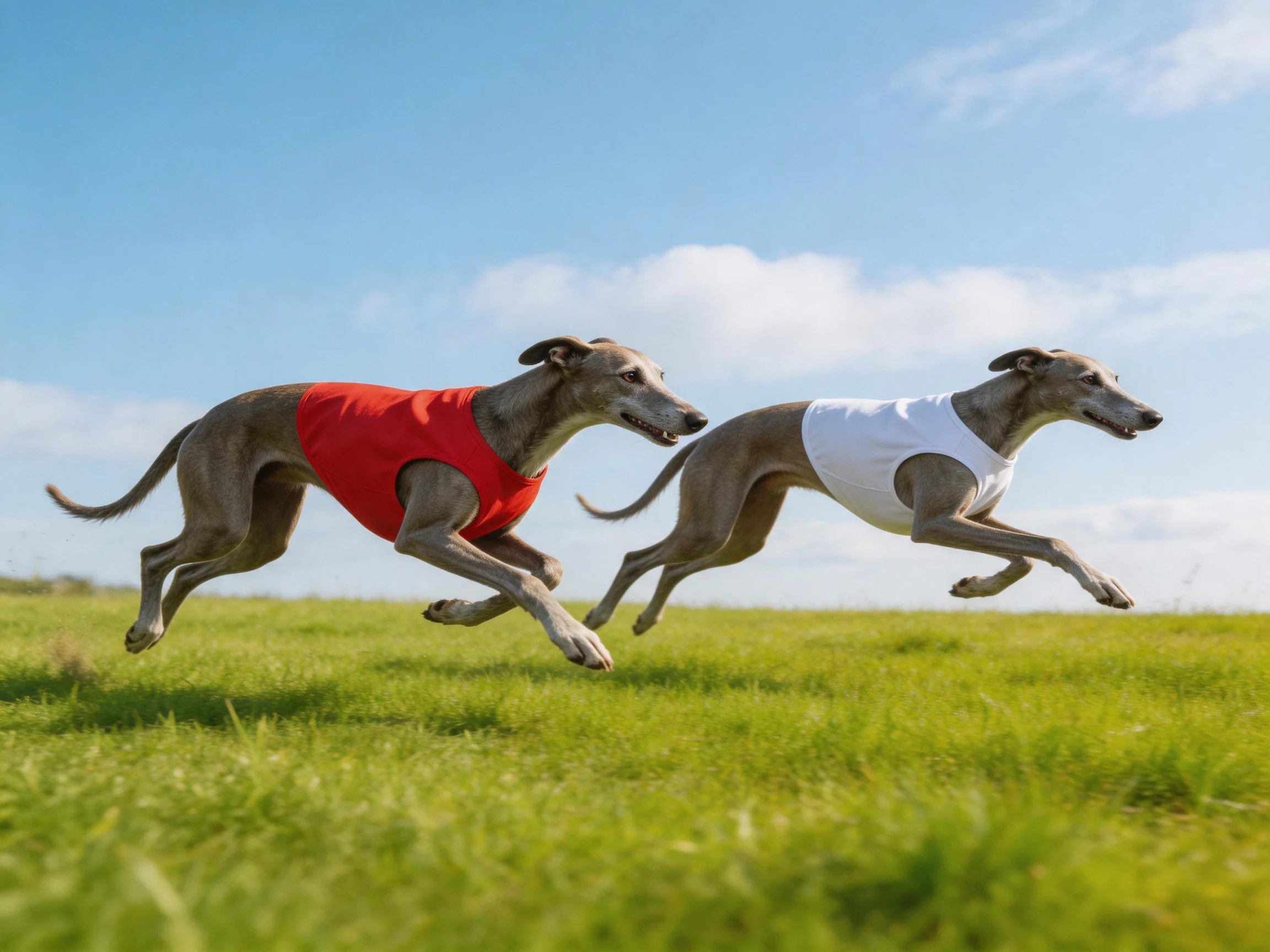 Two greyhounds in colored vests sprint across a grassy field