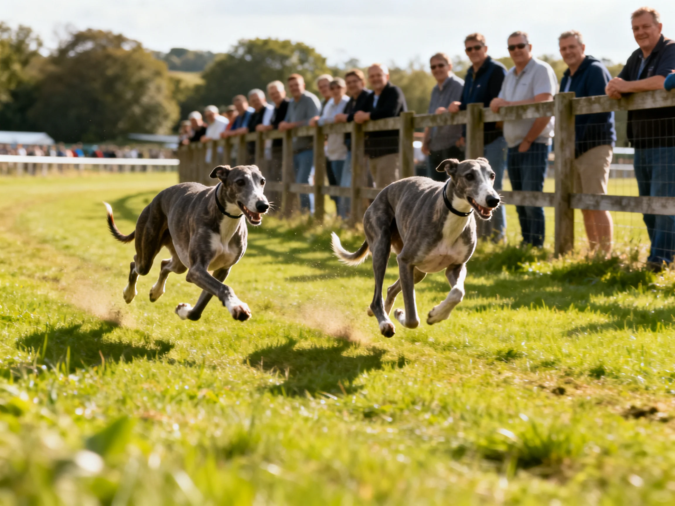 Two greyhounds race on a grassy track near spectators