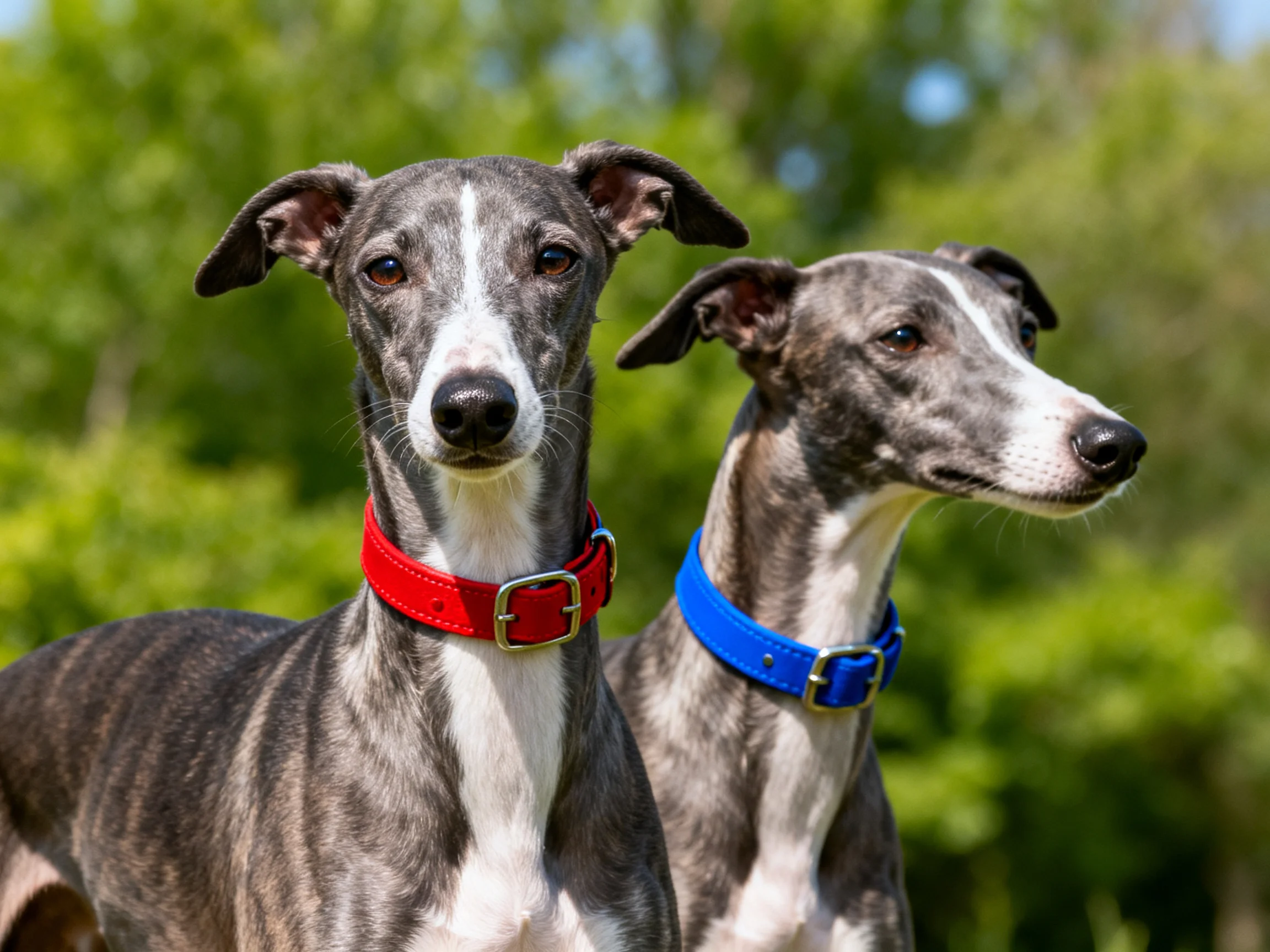 Two greyhounds wearing red and blue collars stand outdoors