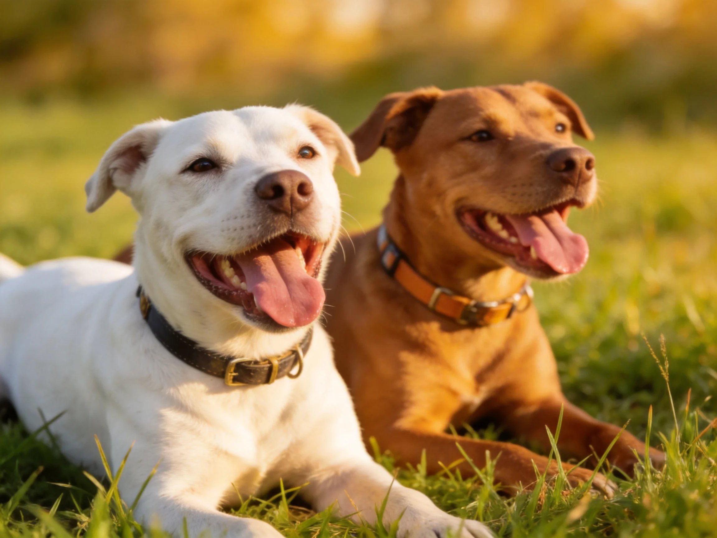 Two happy dogs relax on lush green grass under warm sunlight