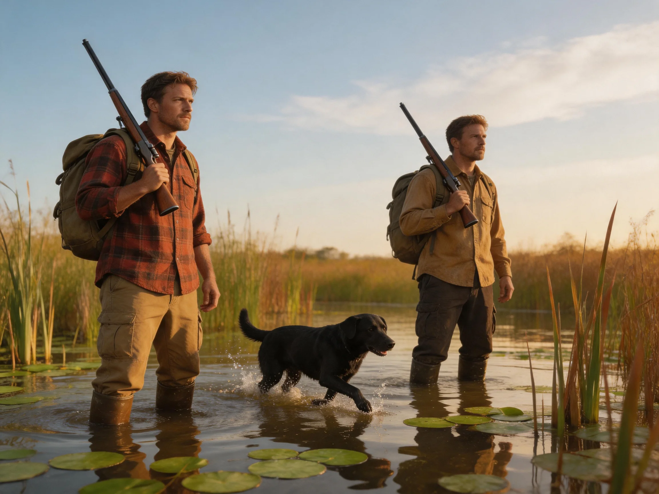 Two hunters and a black retriever traverse a marshy wetland area.