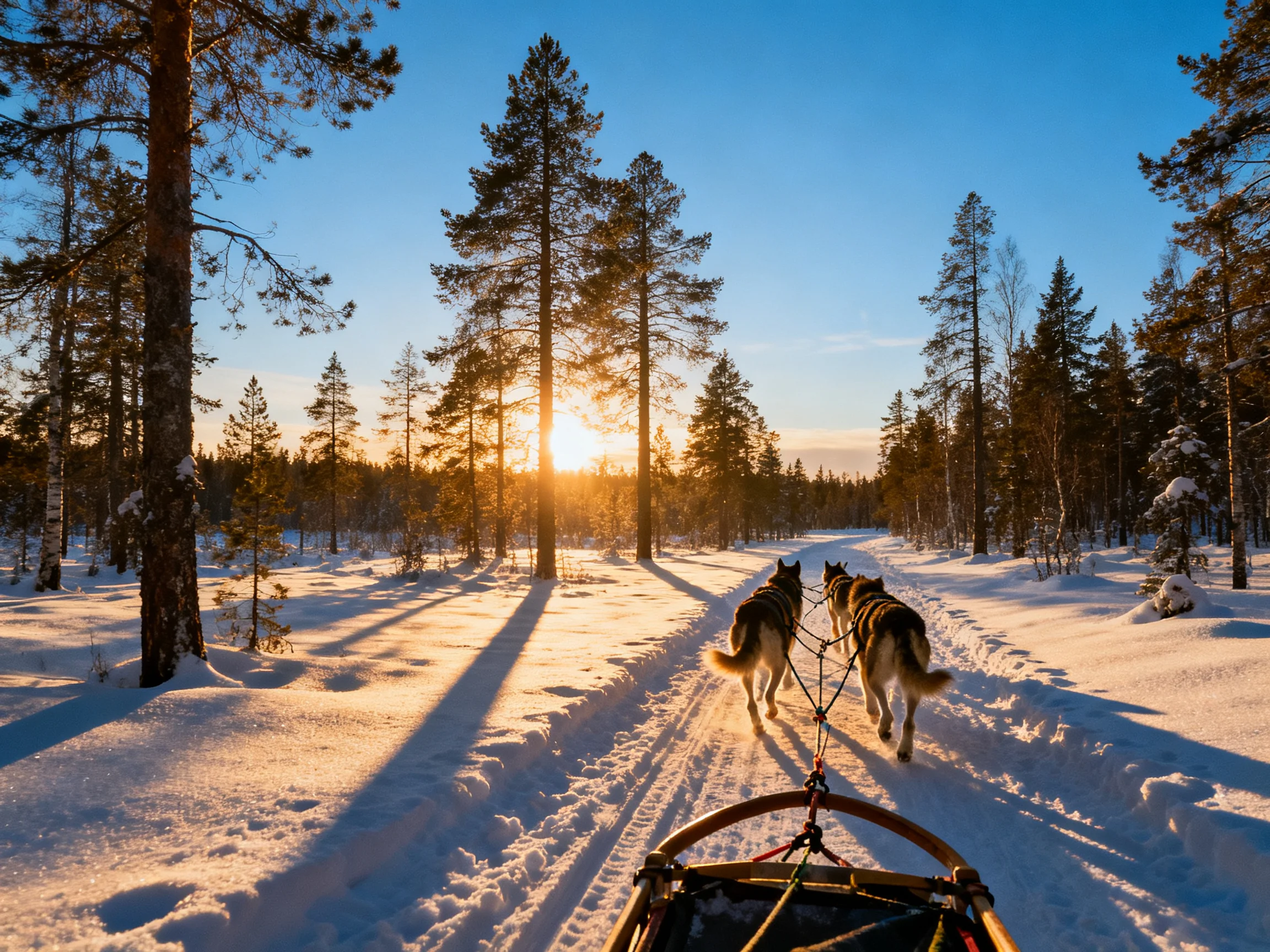 Two huskies pull a sled through a sunlit snowy forest