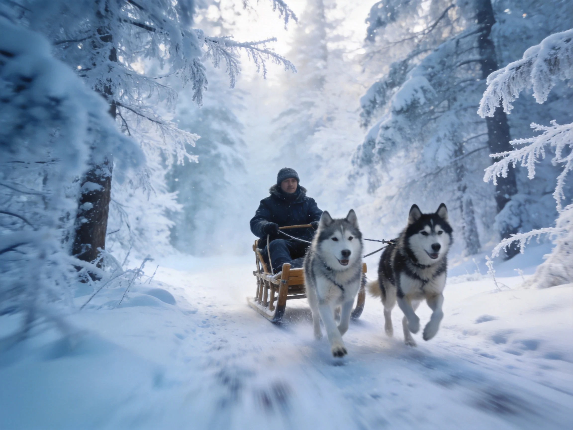 Two huskies pull a sled with a rider through a frosty, snow - laden forest