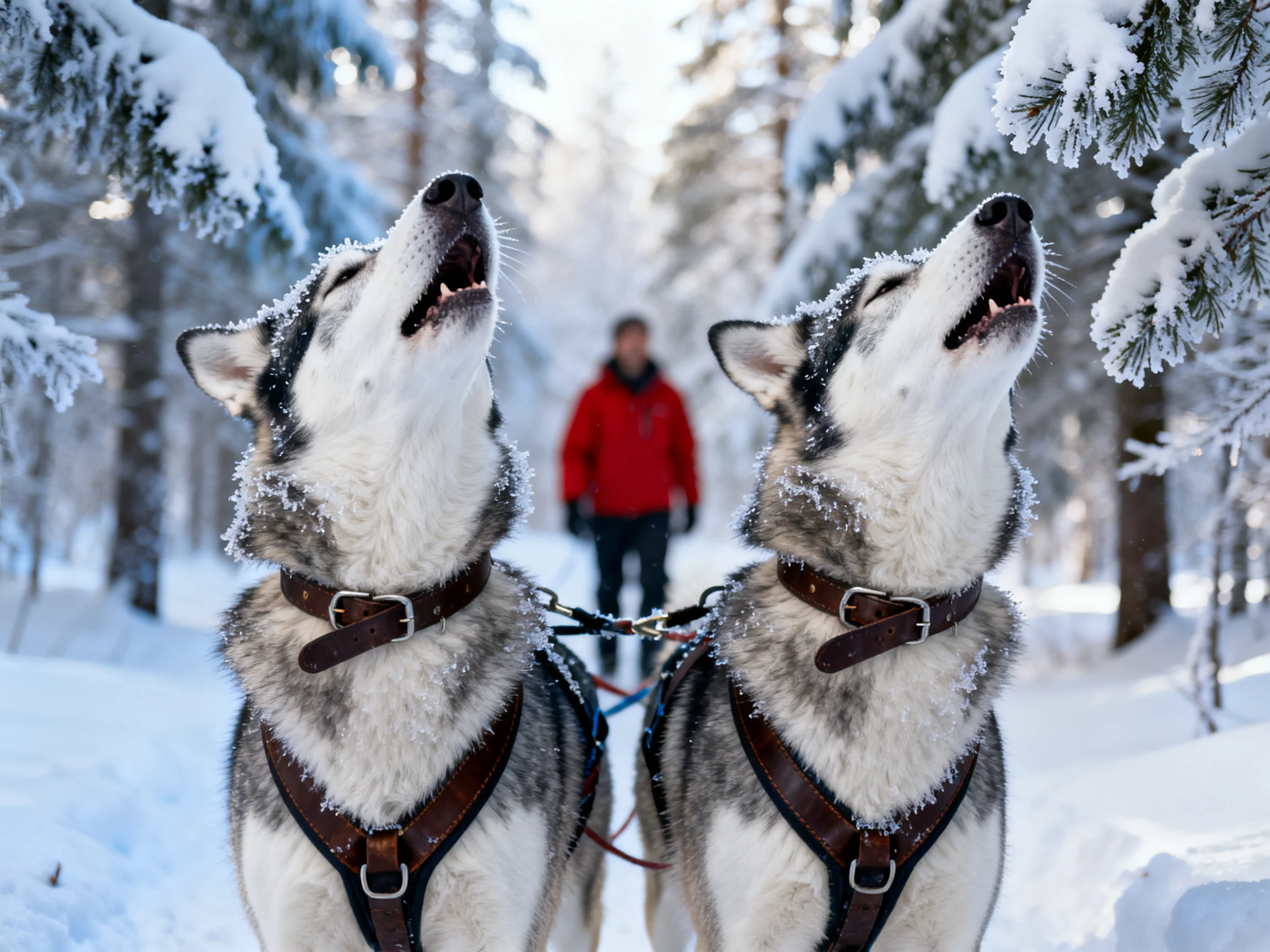 Two husky sled dogs howl in a snow-covered forest with a person in red