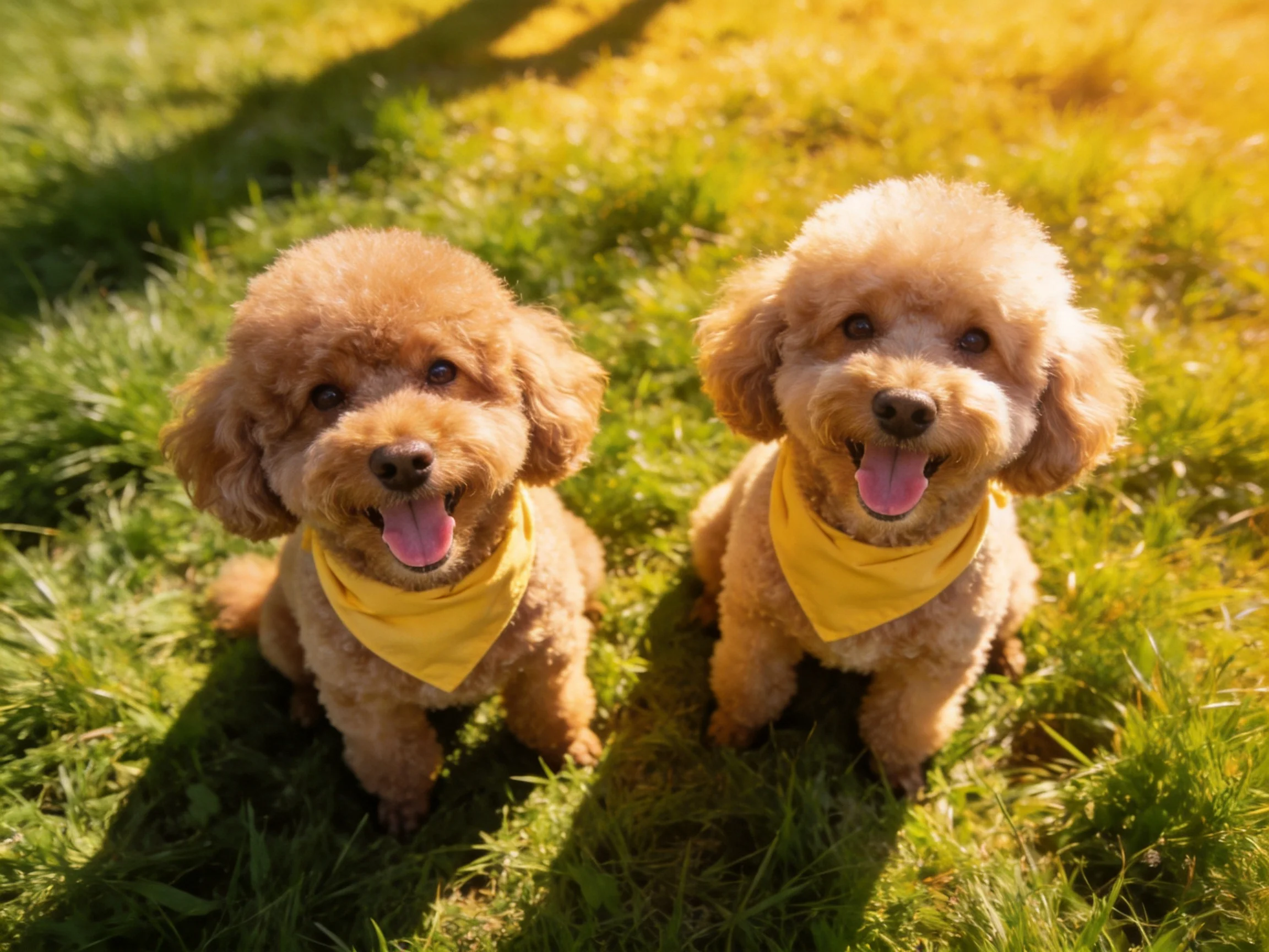 Two light brown poodles with yellow bandanas sit on green grass