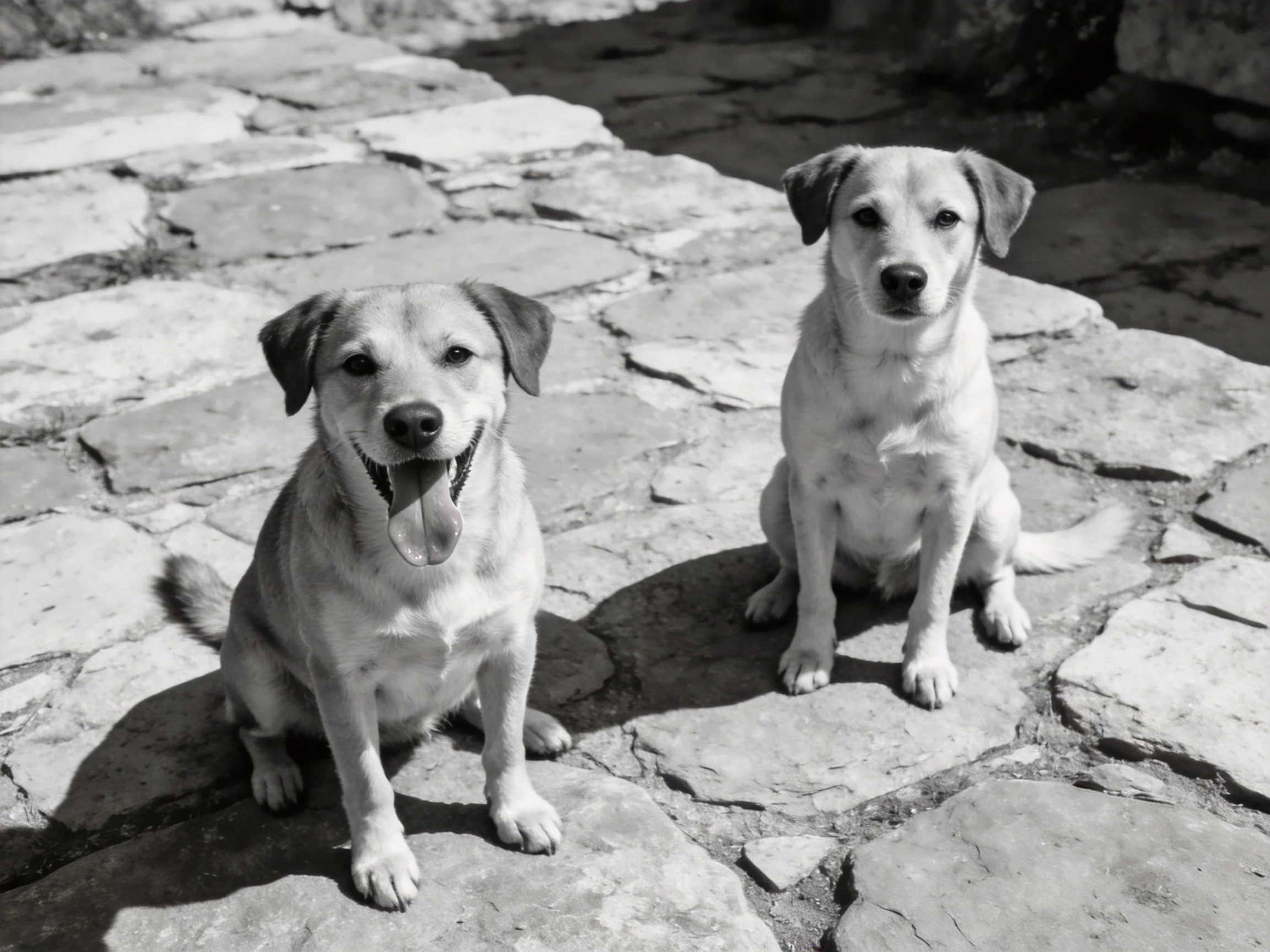 Two light-colored dogs sit on a stone-paved outdoor surface