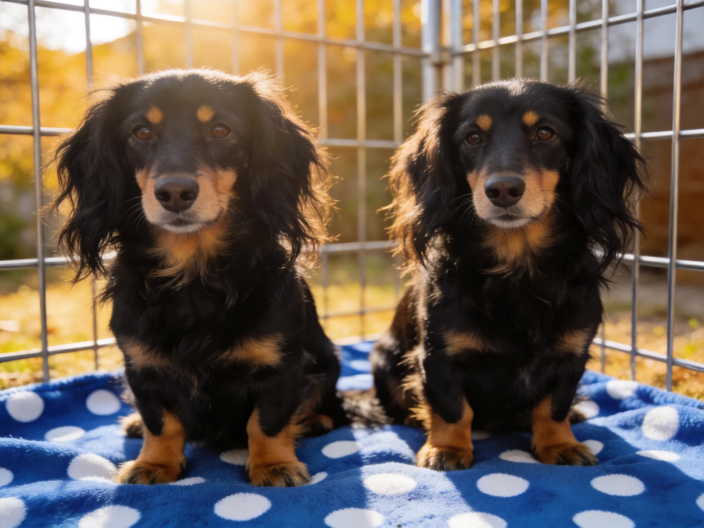 Two long-haired black and tan dogs sit on a blue polka dot blanket inside a metal cage