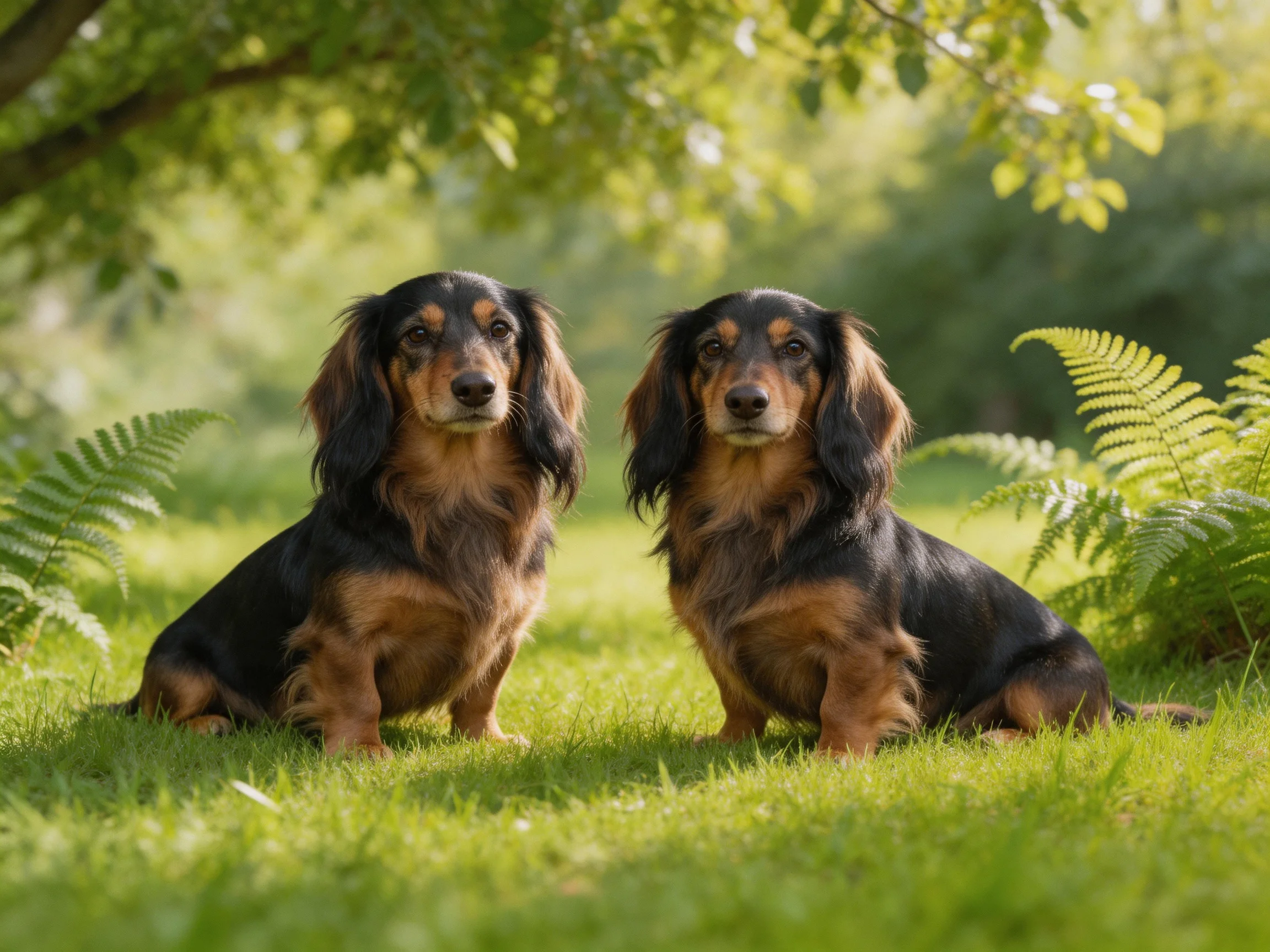 Two long-haired black and tan dogs sit on sunlit grass near ferns.