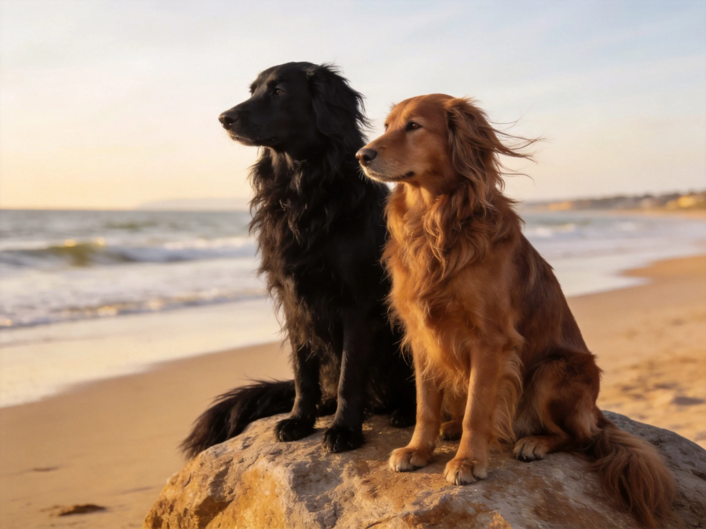 Two long-haired dogs sit on a sandy beach rock by the ocean