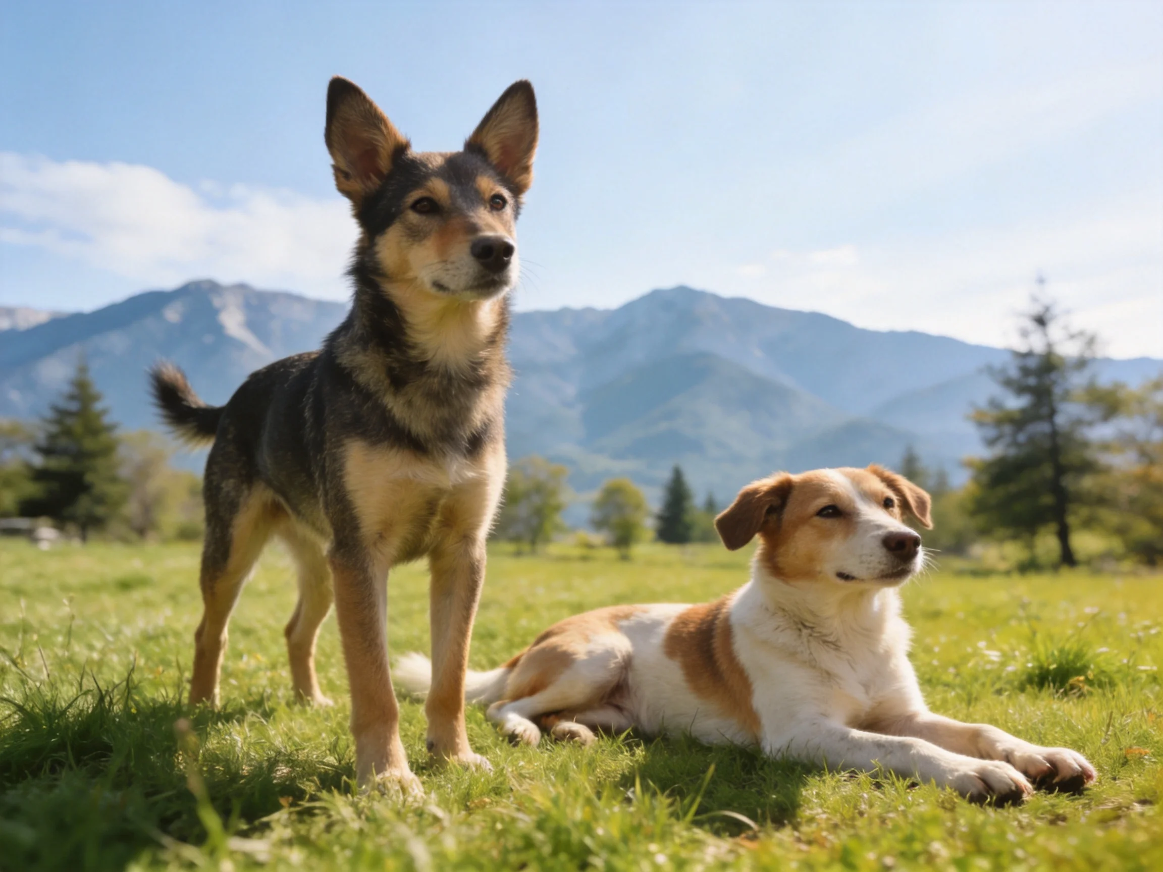 Two mixed-breed dogs in a sunlit mountain meadow