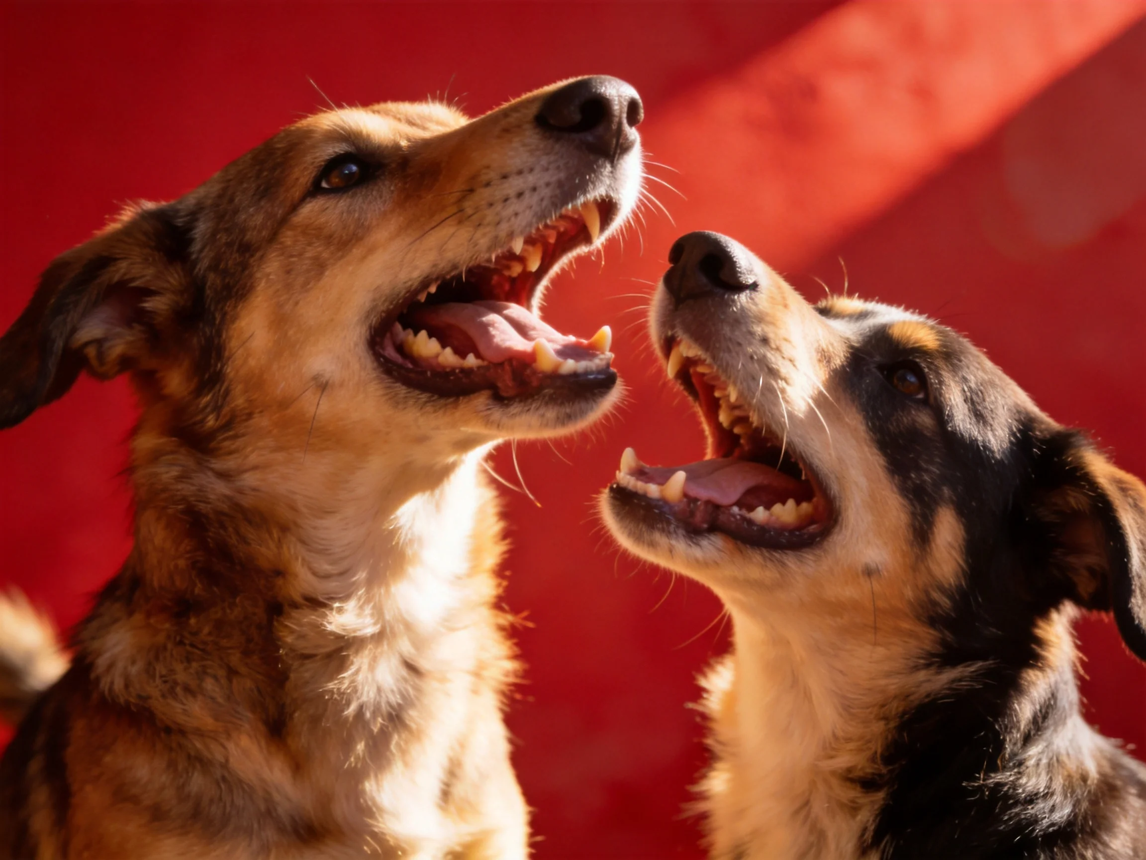 Two mixed-breed dogs interact with open mouths near a bold red surface