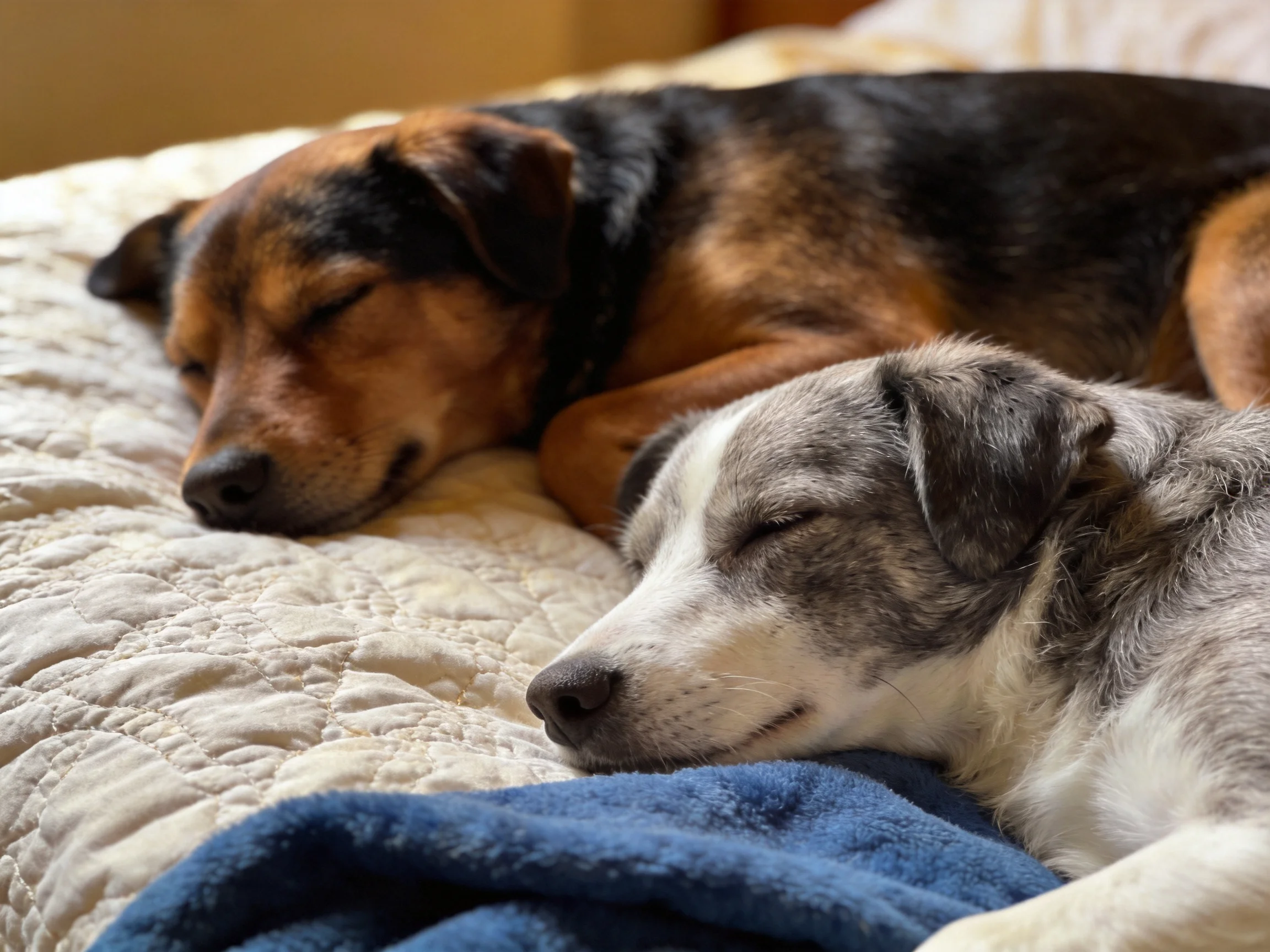 Two mixed-breed dogs sleep on a quilted bedspread
