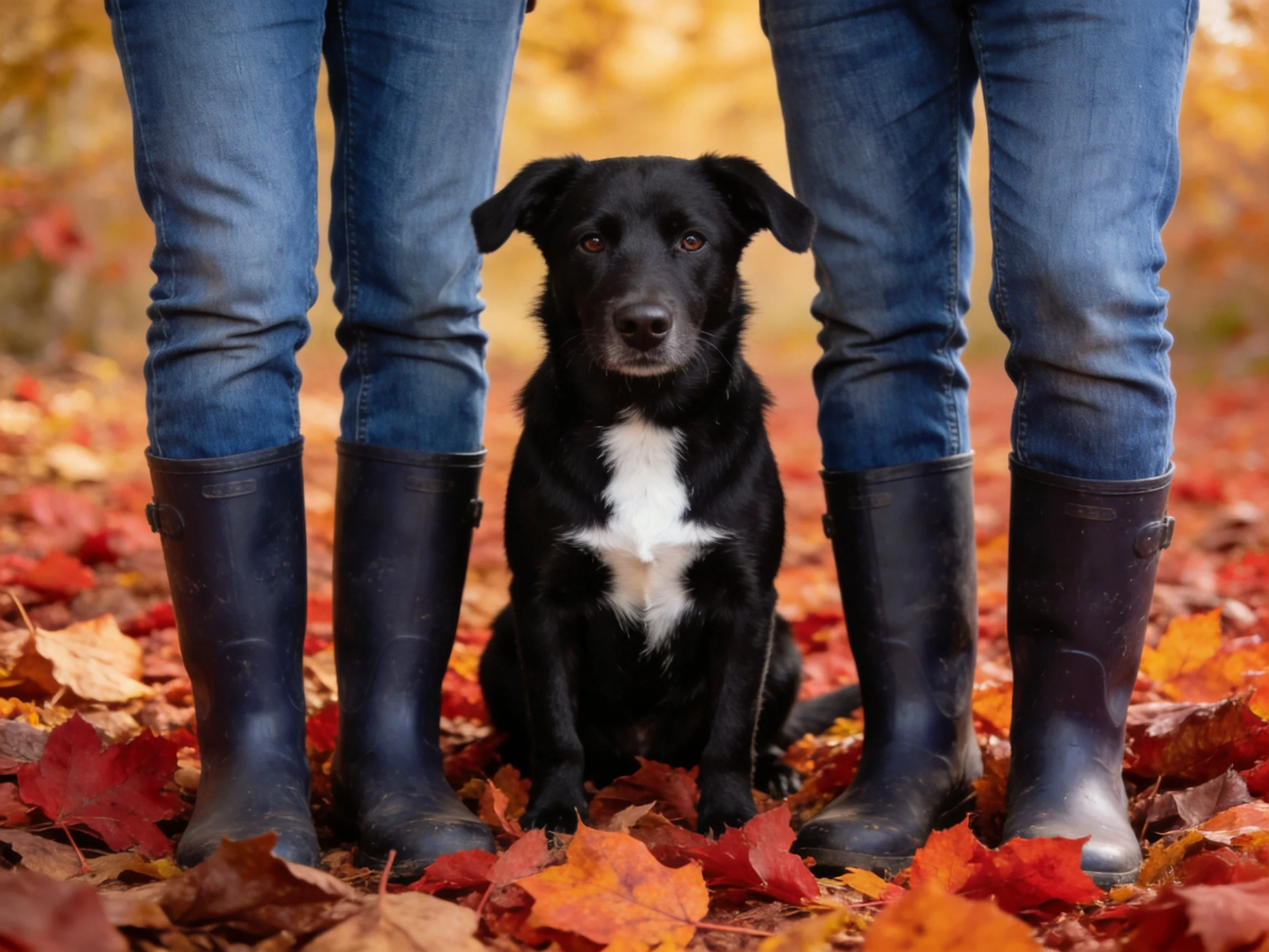 Two people in blue jeans stand beside a black dog with a white chest amid autumn leaves