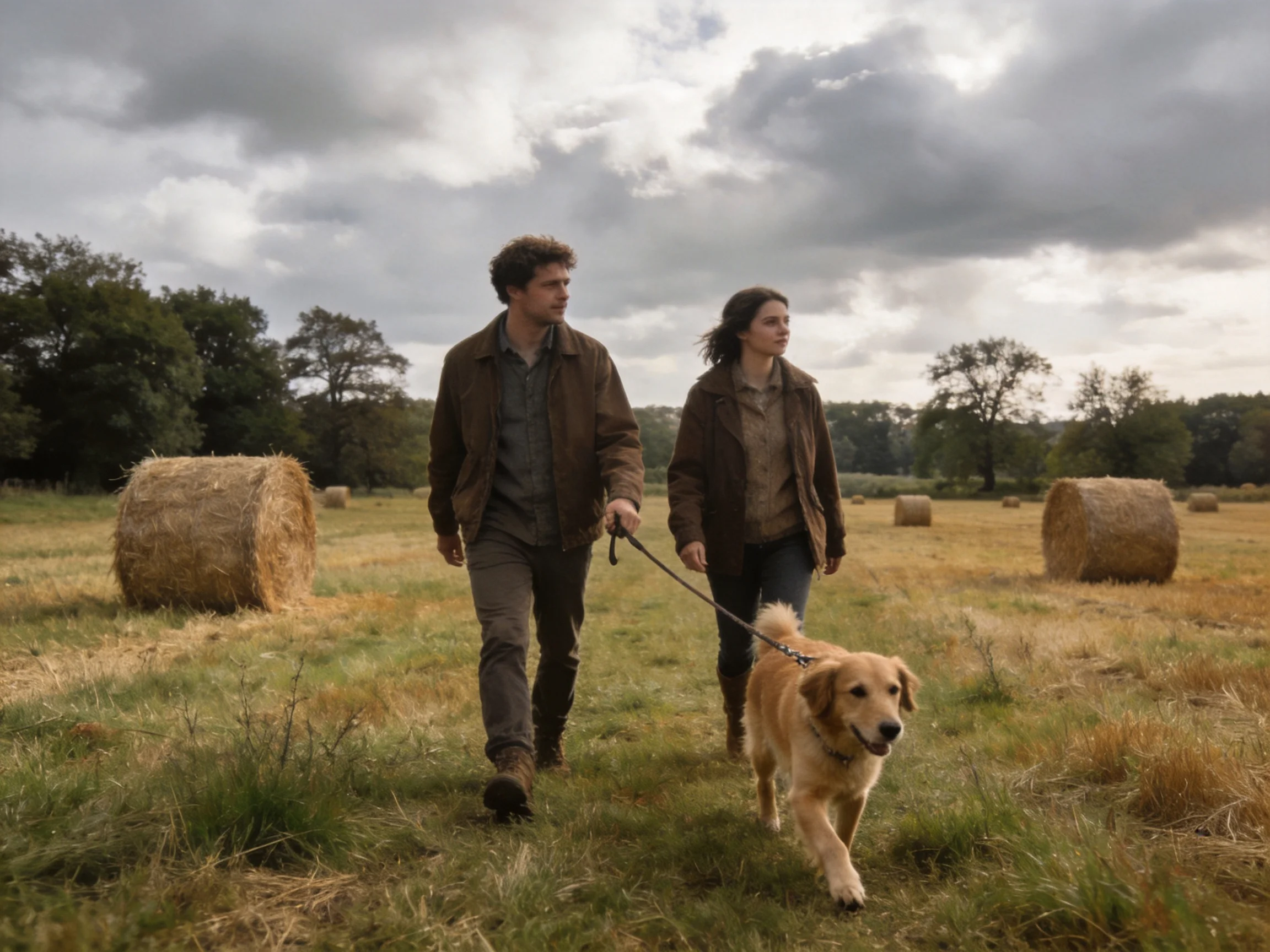 Two people walk a golden retriever near hay bales in a rural field