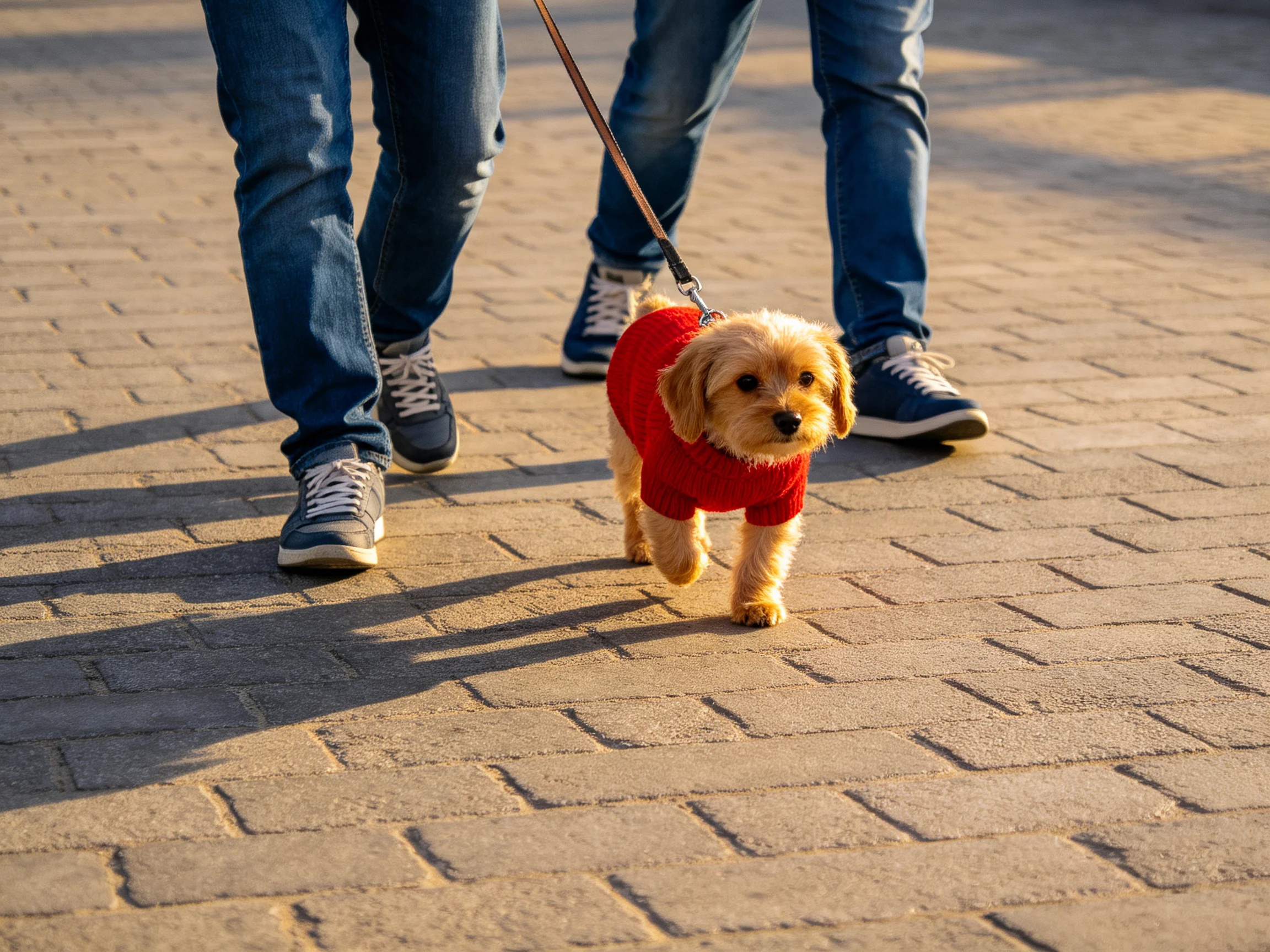 Two people walk a small tan dog in a red sweater on a brick path