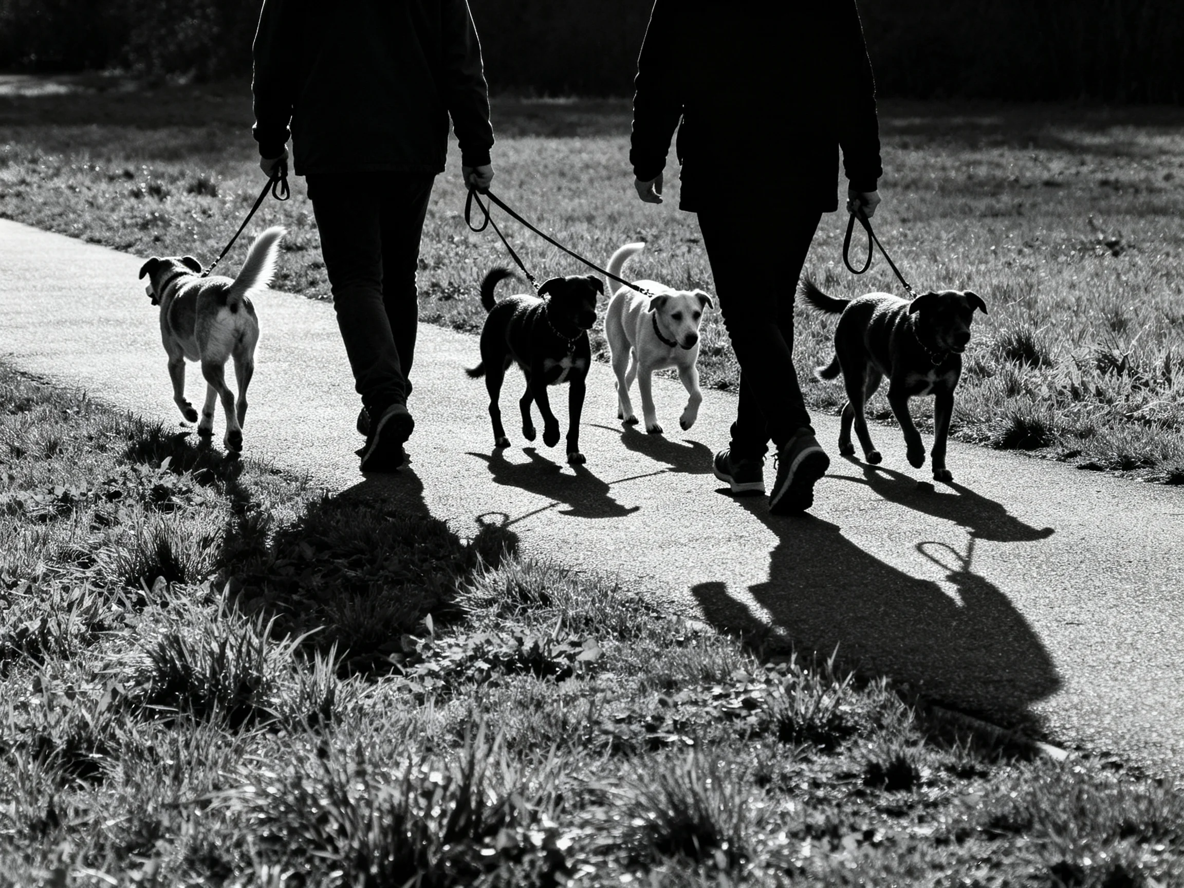 Two people walk four dogs along a sunlit paved path