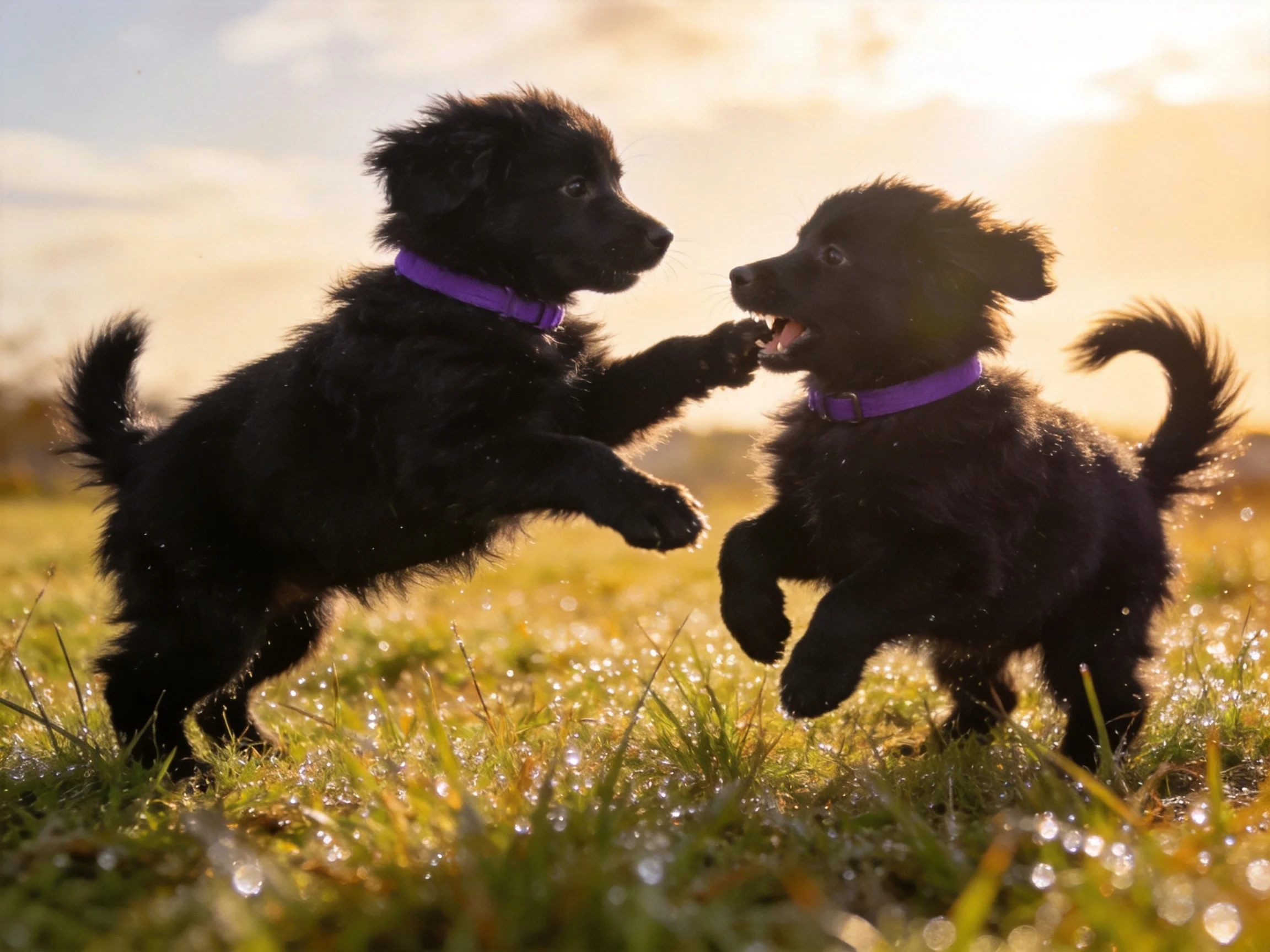 Two playful black puppies with purple collars frolic in dewy grass