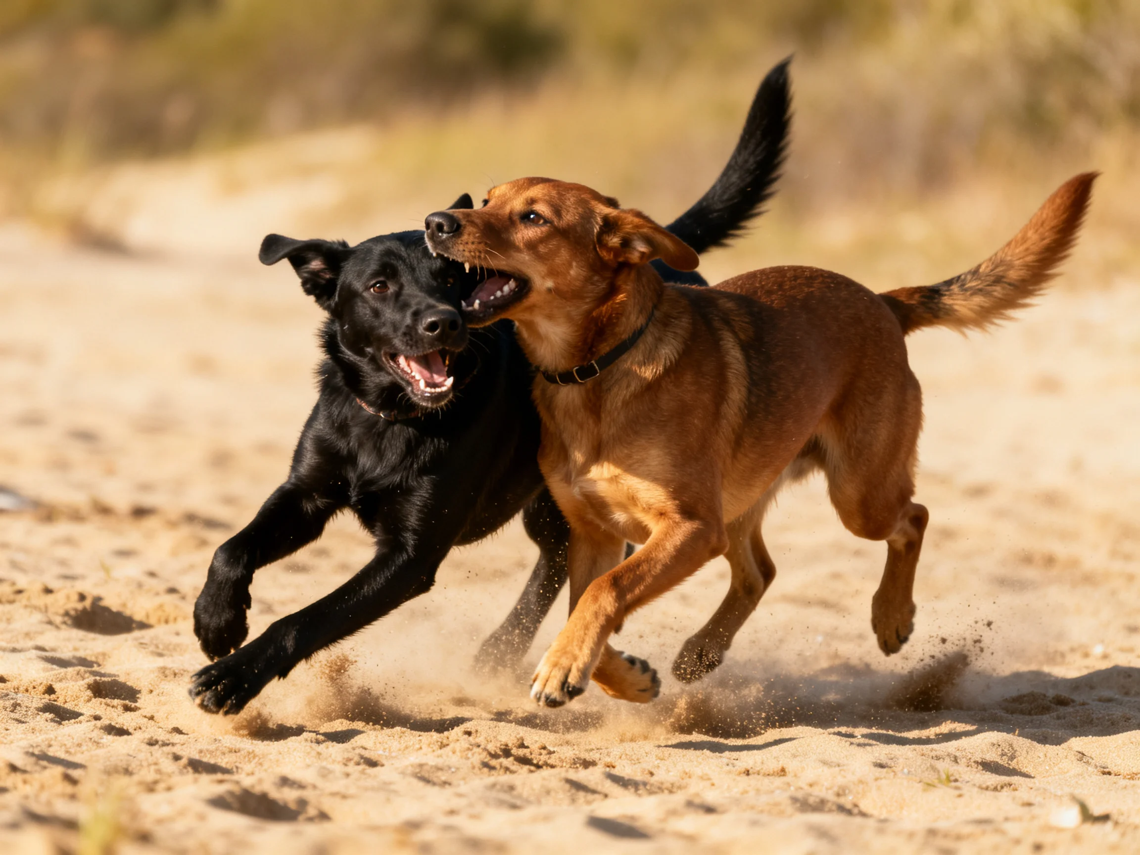 Two playful dogs, black and brown, run together on sandy terrain