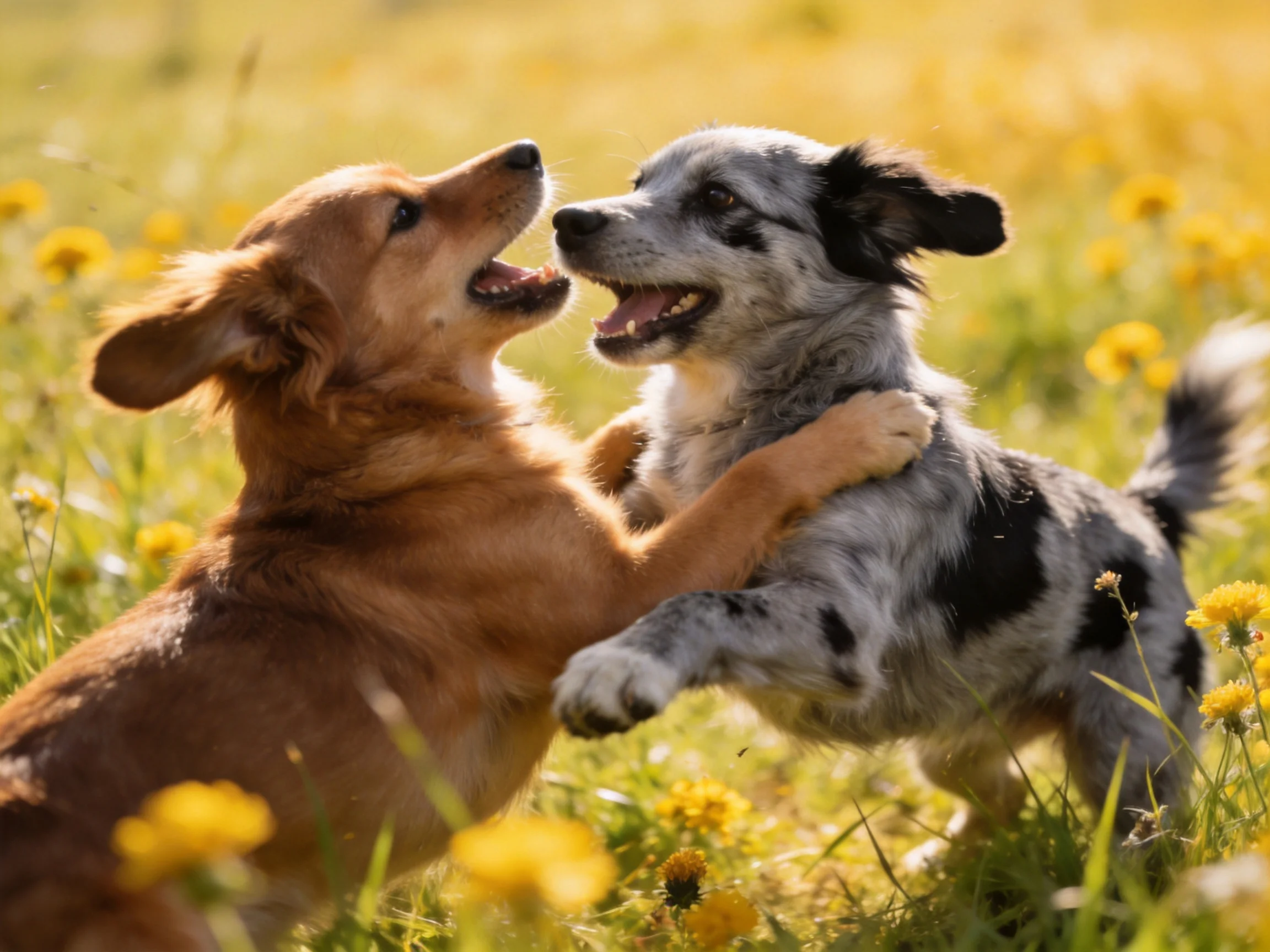 Two playful dogs interact in a sunlit meadow of yellow flowers