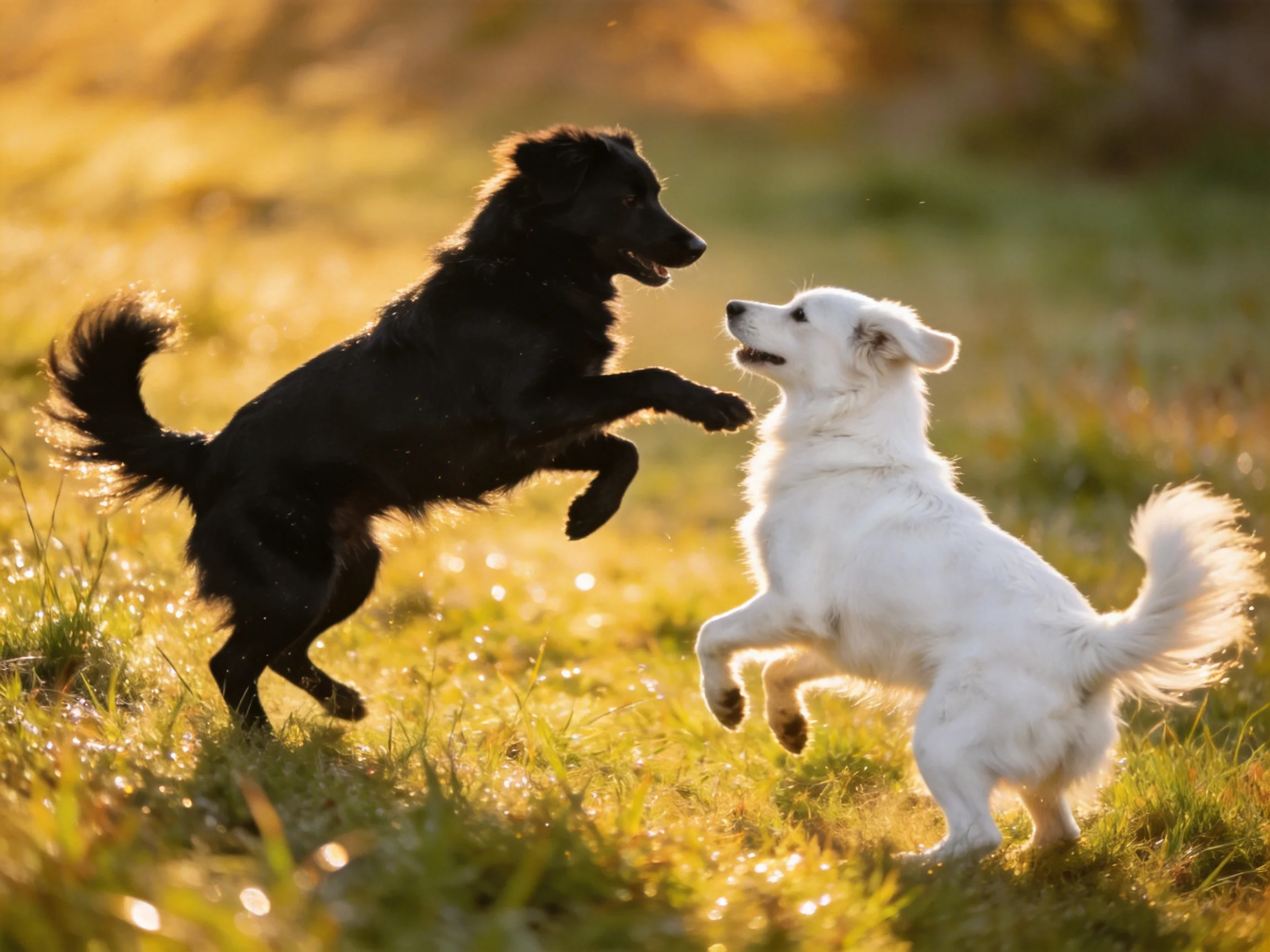 Two playful dogs, one black and one white, play in a sunlit meadow