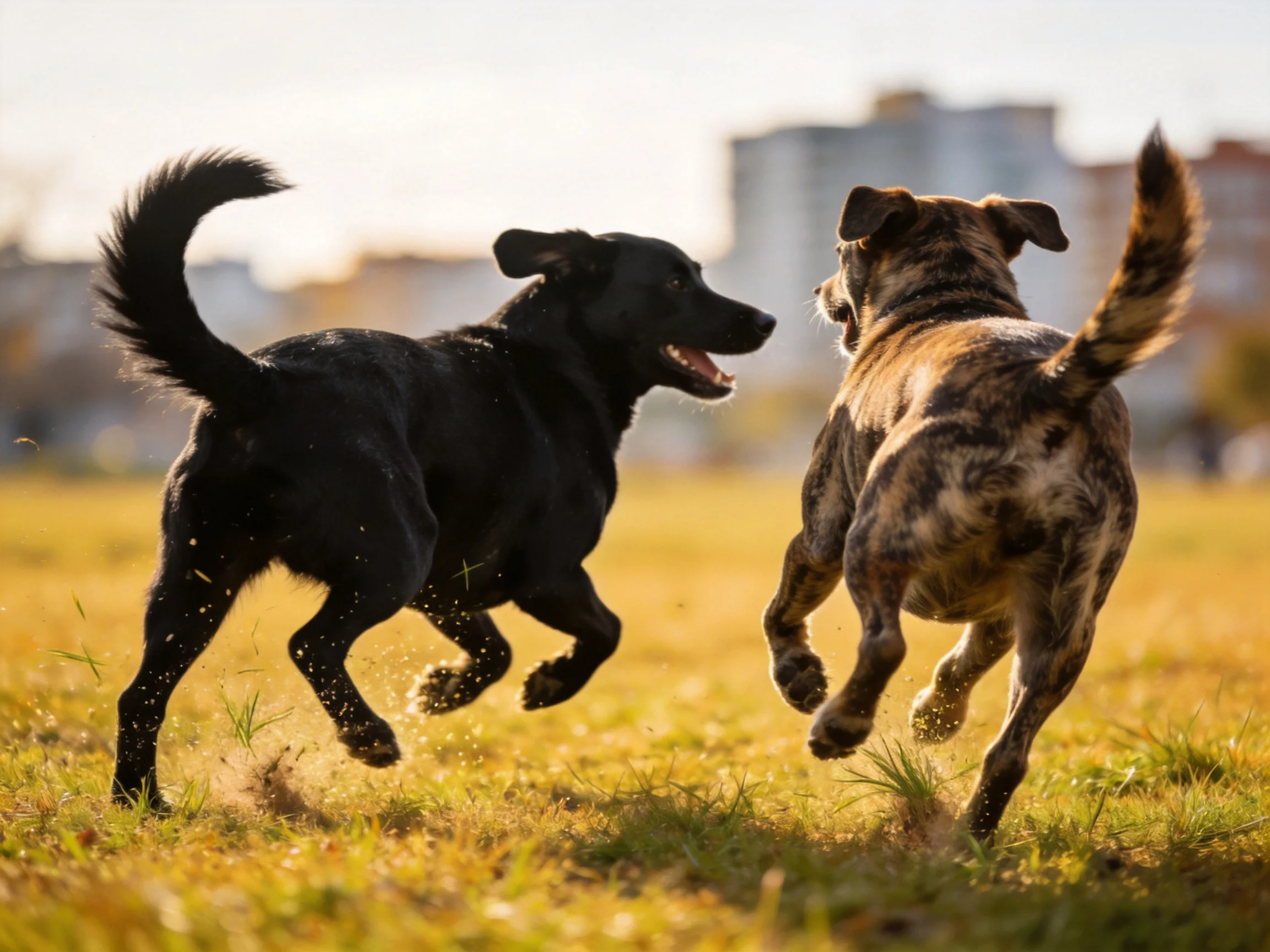 Two playful dogs—one black, one brindle—running through a sunlit grassy field