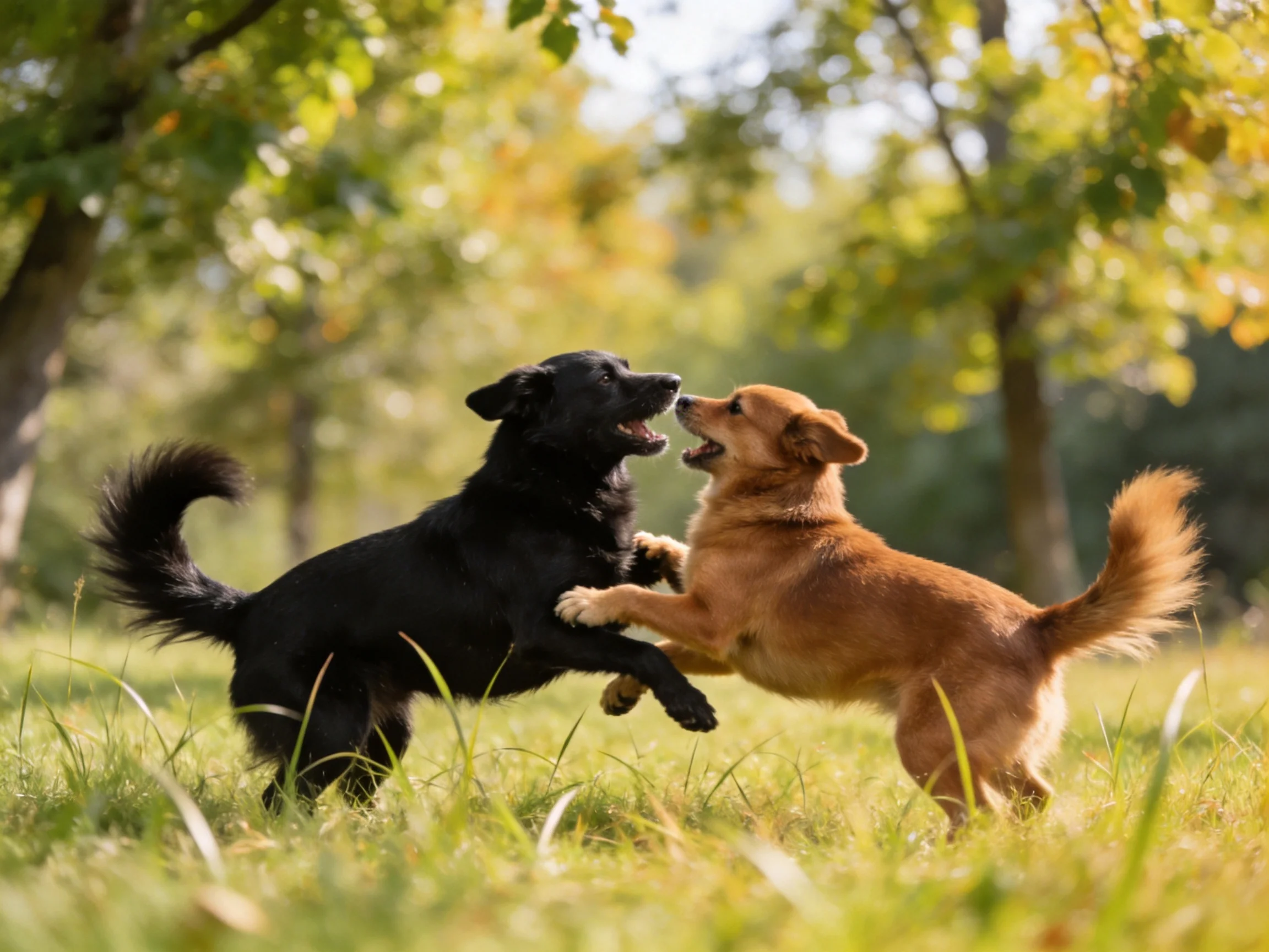 Two playful dogs—one black, one tan—wrestle in a sun-dappled grassy park