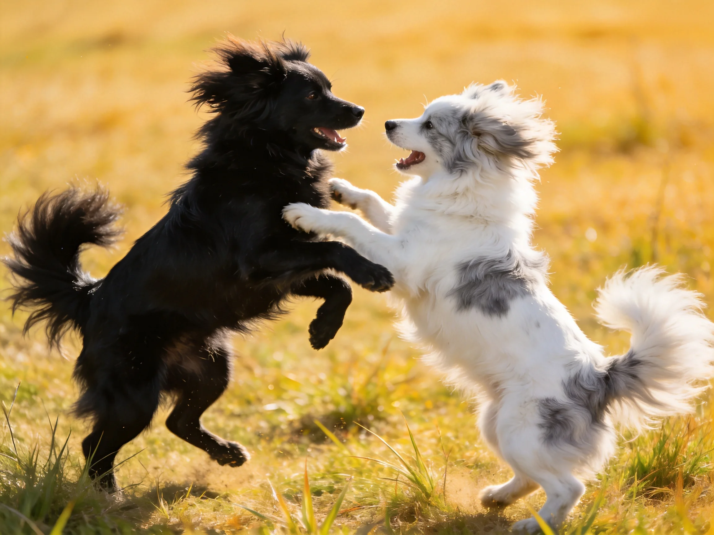 Two playful dogs—one black, one white—play in a sunlit field