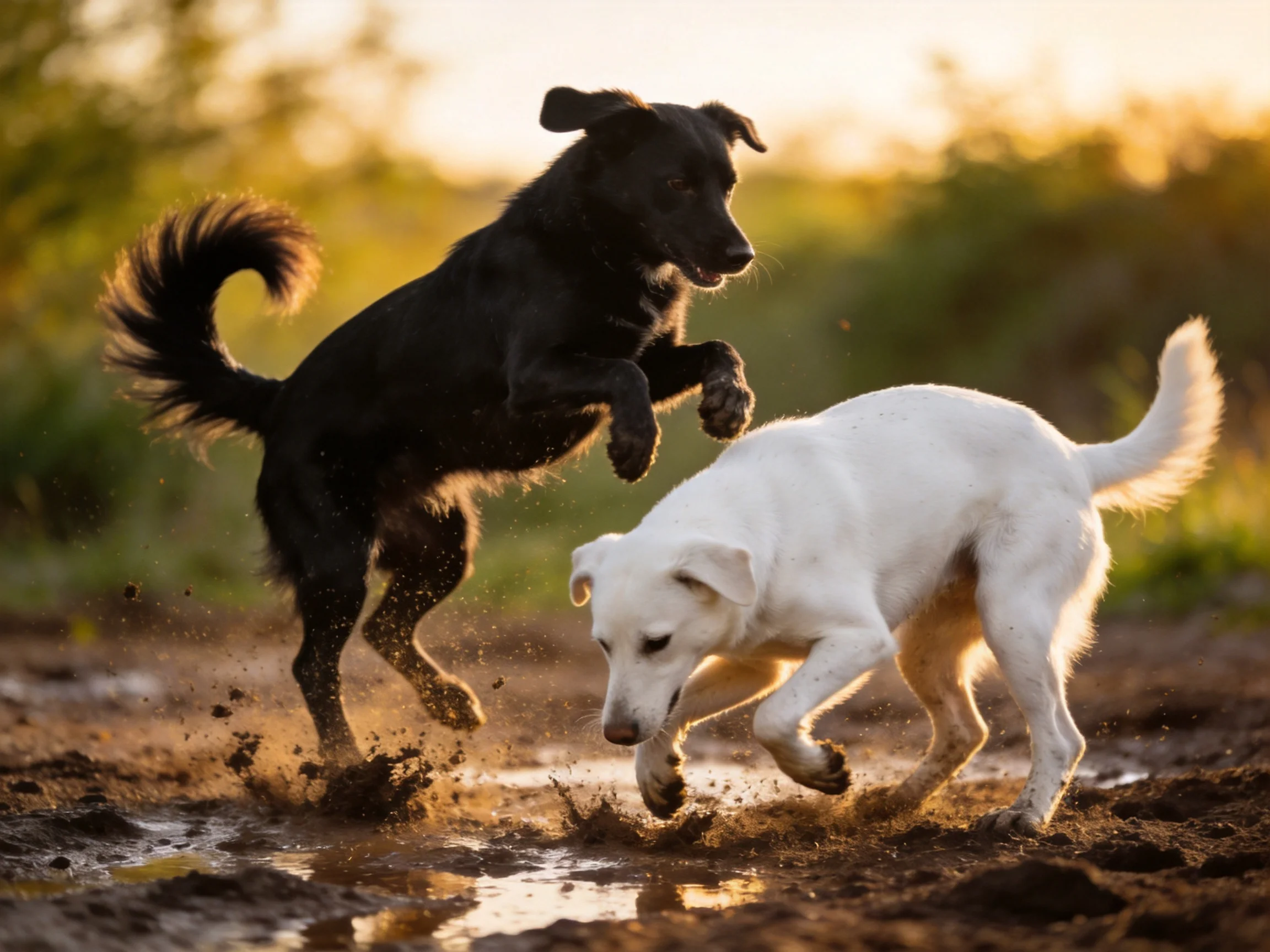 Two playful dogs—one black, one white—play in muddy outdoor area