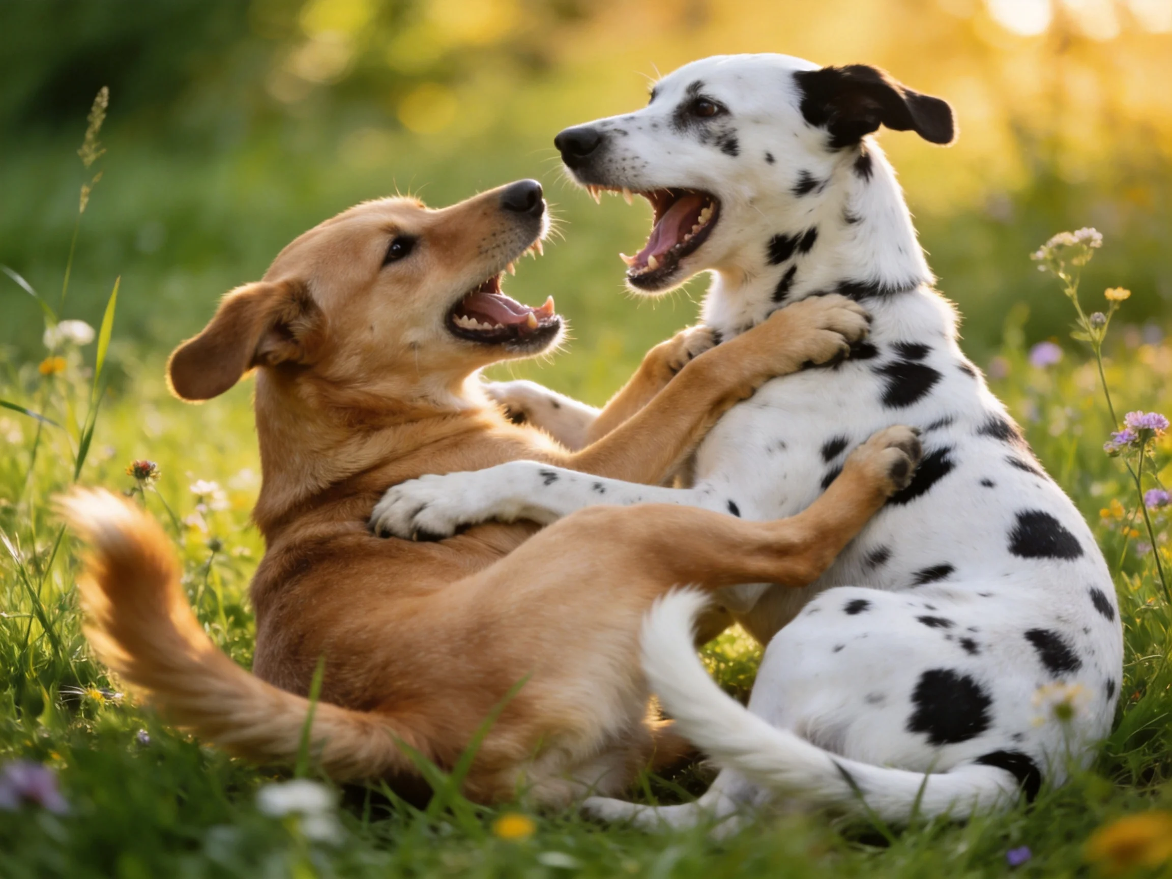 Two playful dogs—one tan, one spotted—play in a sunlit meadow