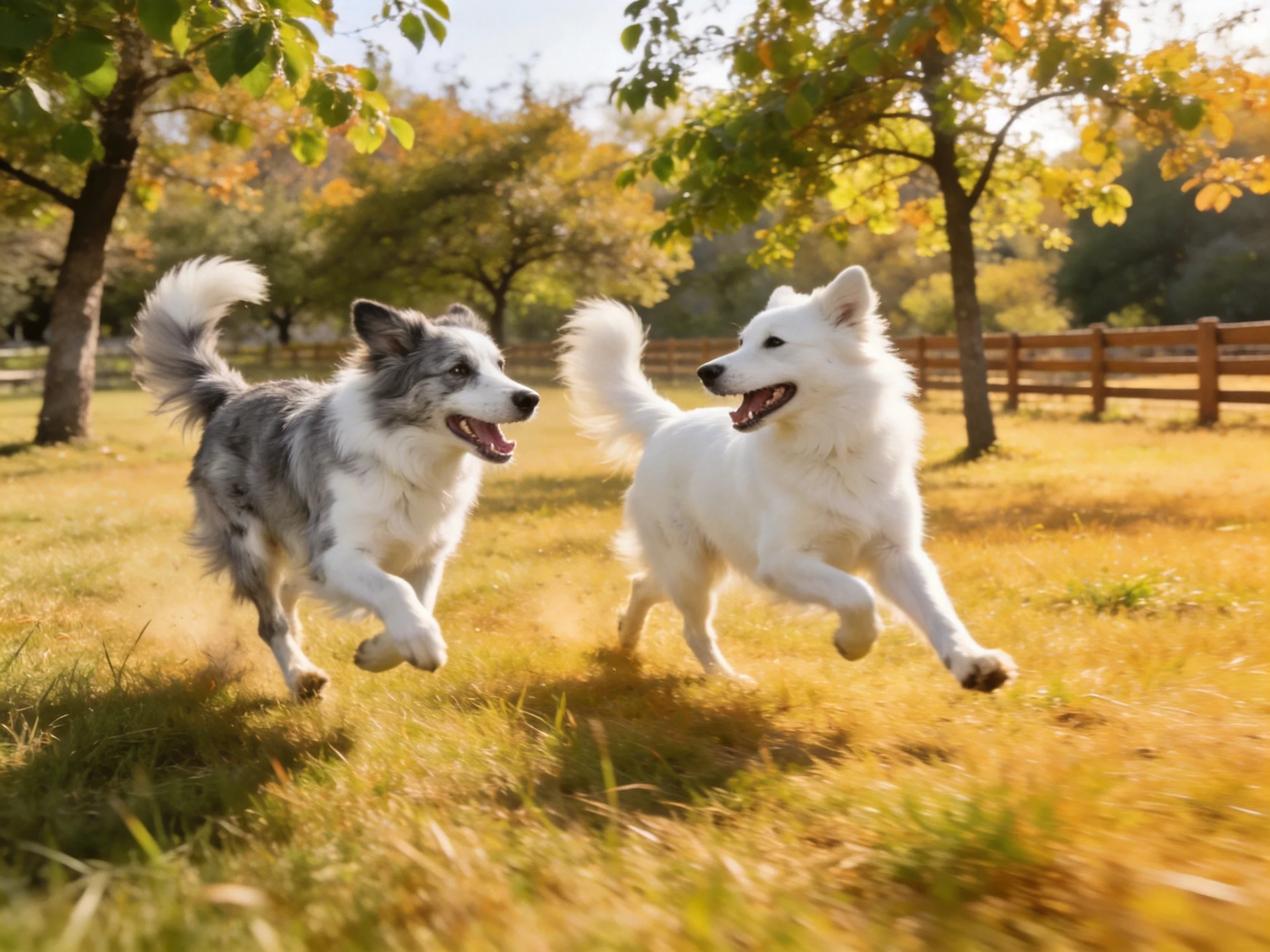 Two playful dogs run through a sunlit grassy field with trees