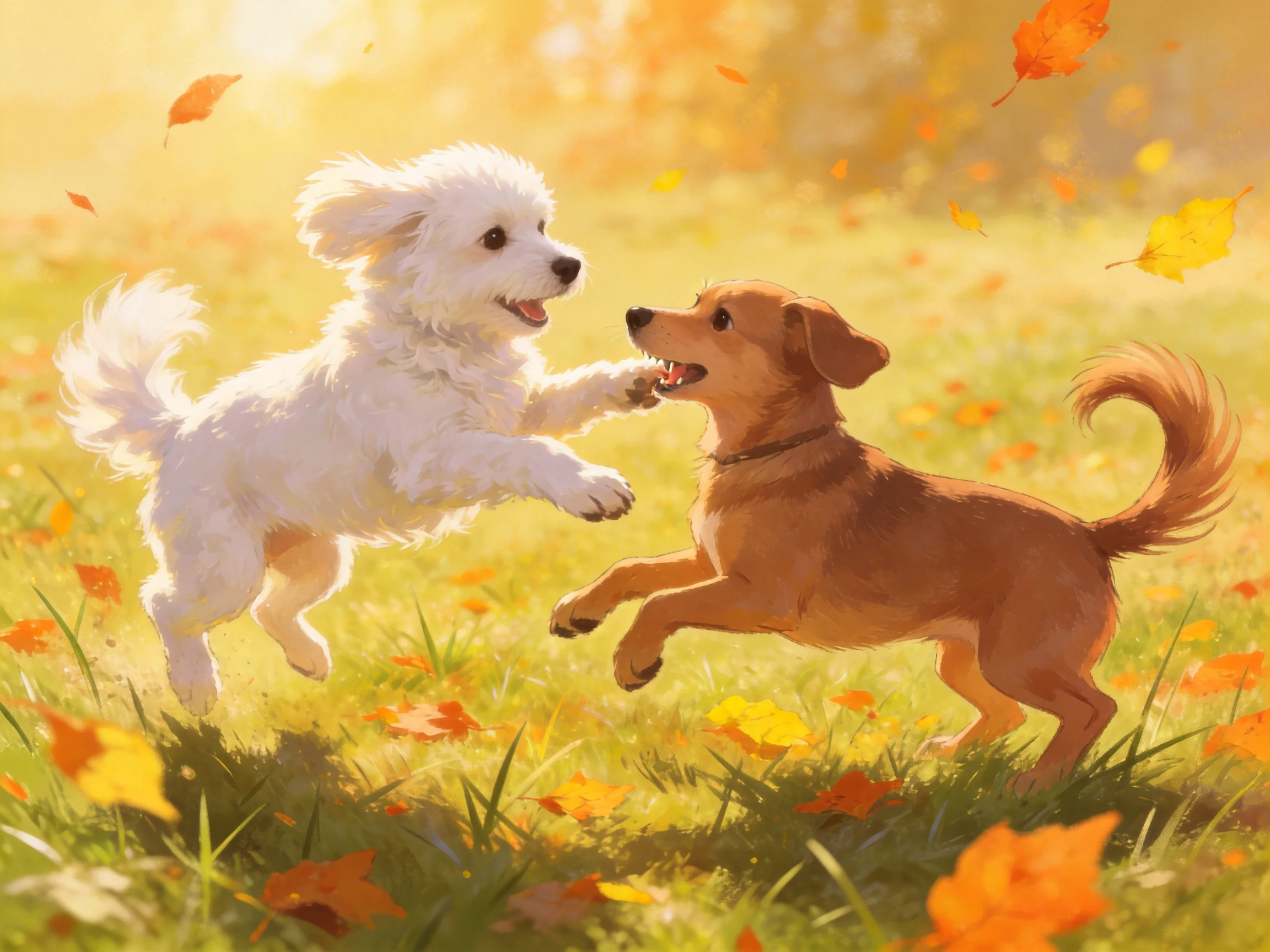 Two playful puppies frolic among vibrant autumn leaves in a sunlit meadow