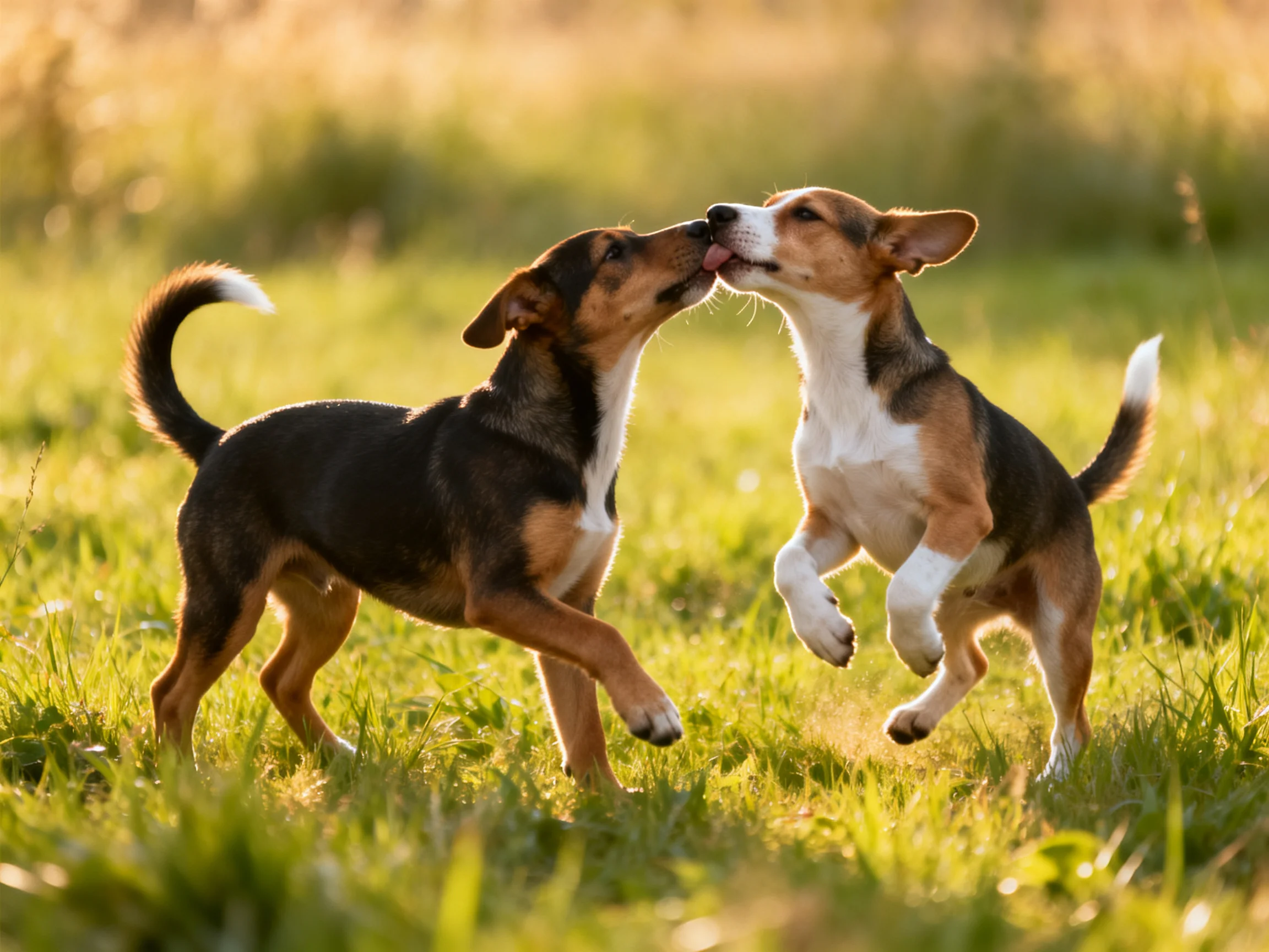 Two playful puppies nuzzle in a sun-drenched field