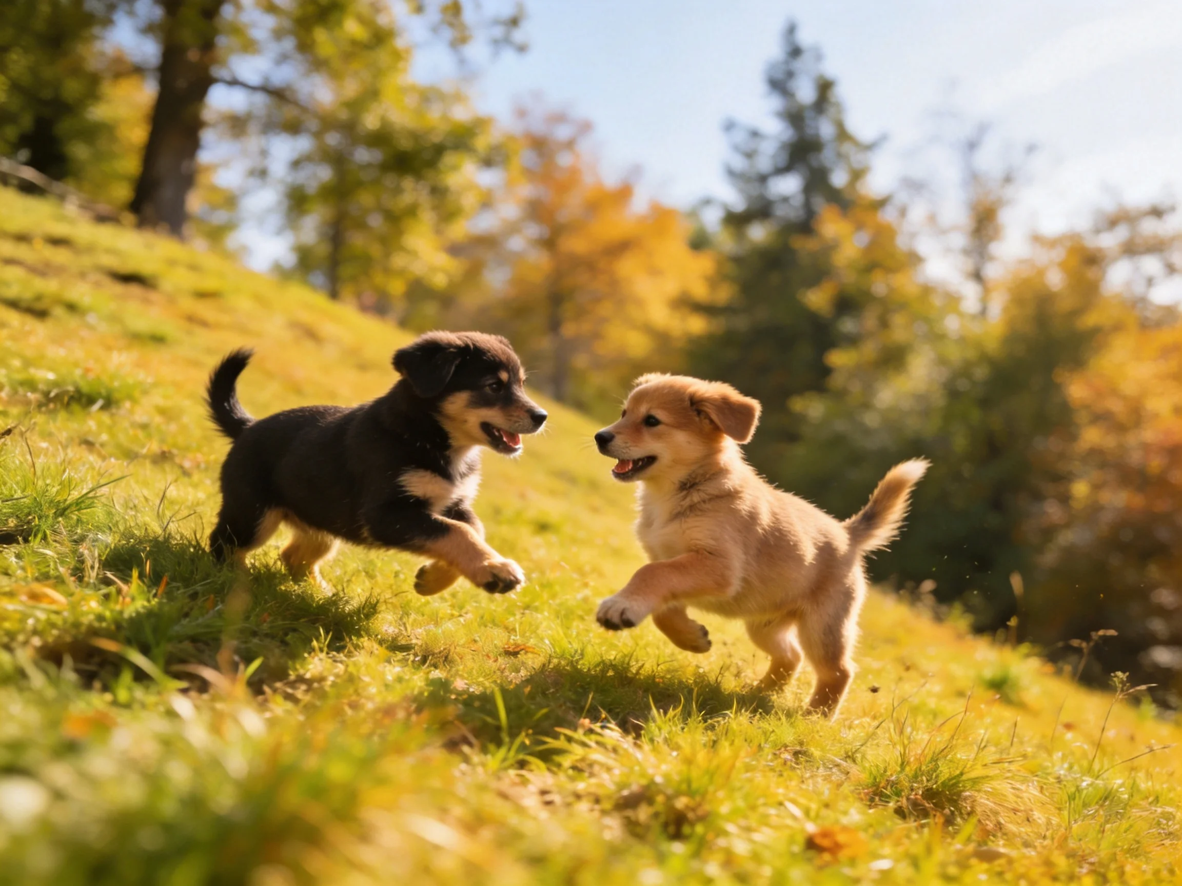 Two playful puppies run on a sun-drenched grassy hillside with autumn trees