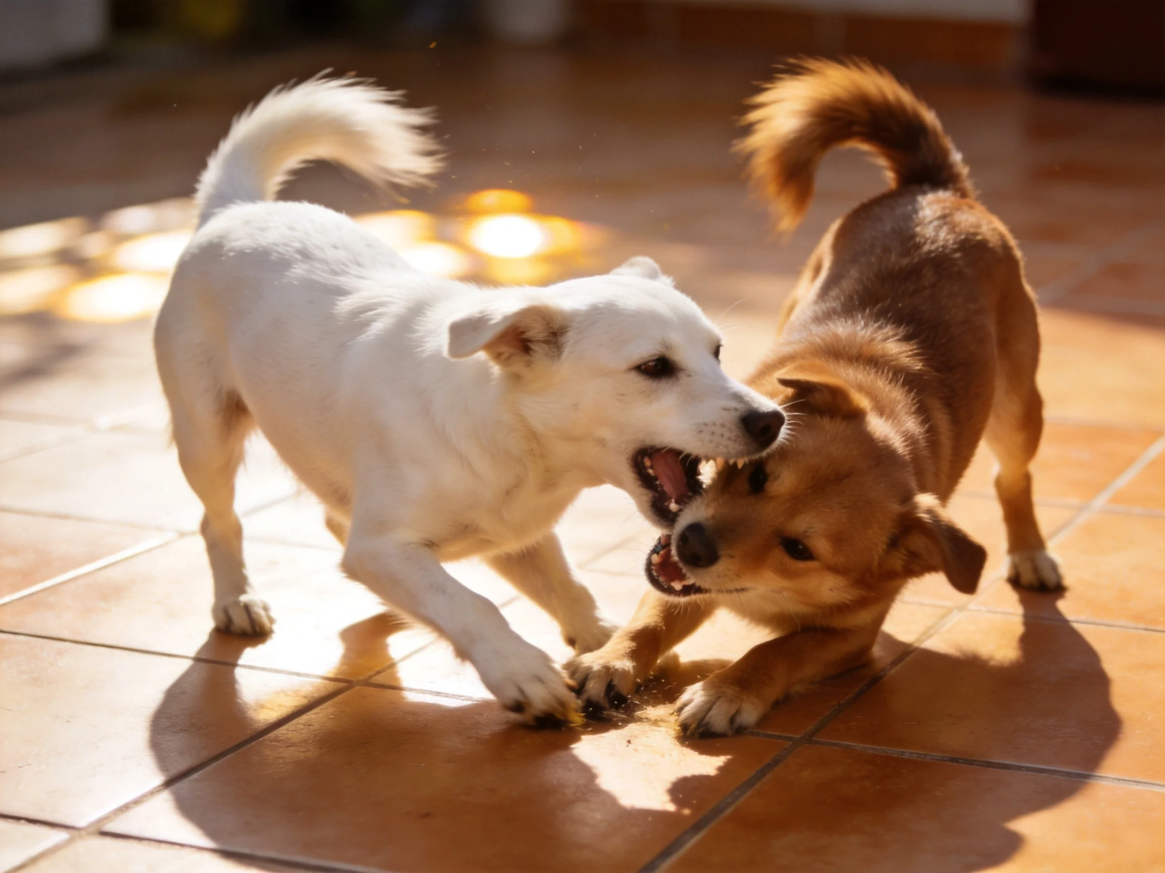 Two playful puppies, white and brown, play on a sunlit tiled floor
