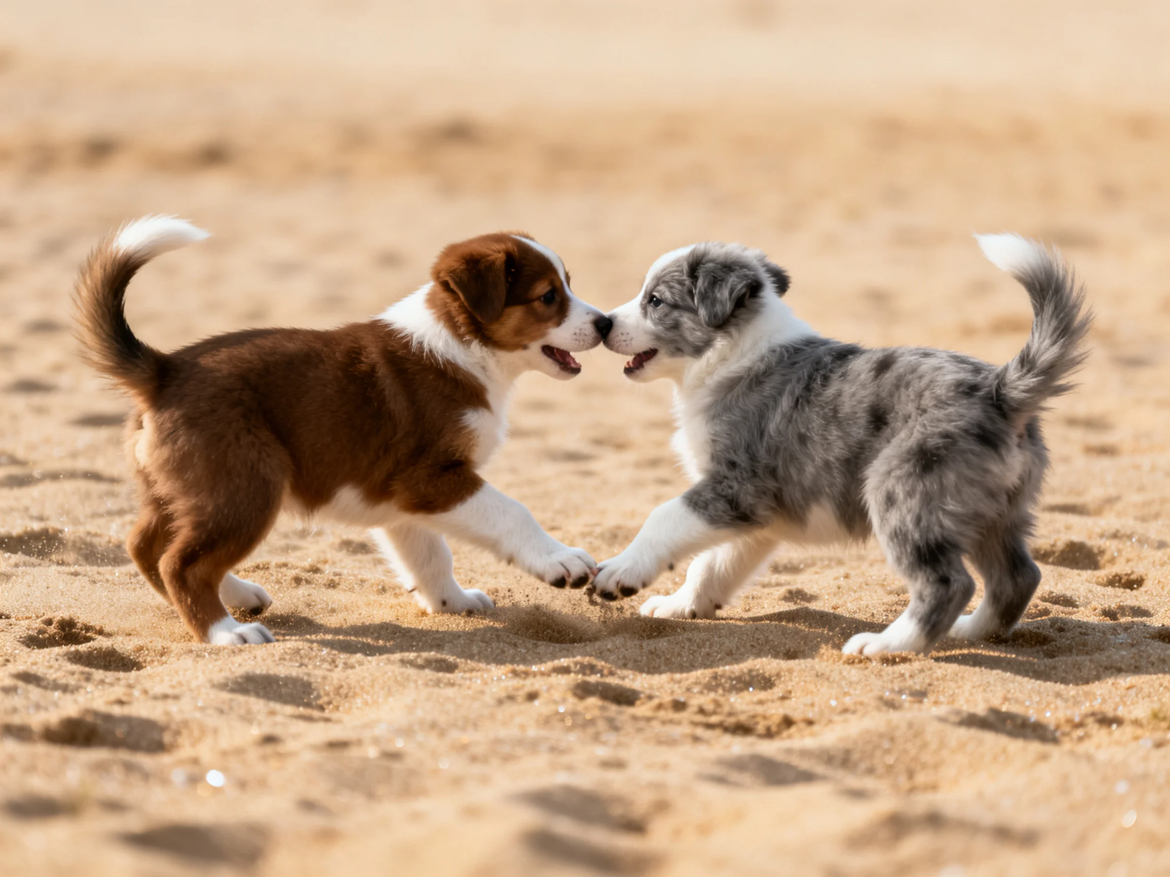 Two puppies, brown and whiteand gray and white, play on sandy ground