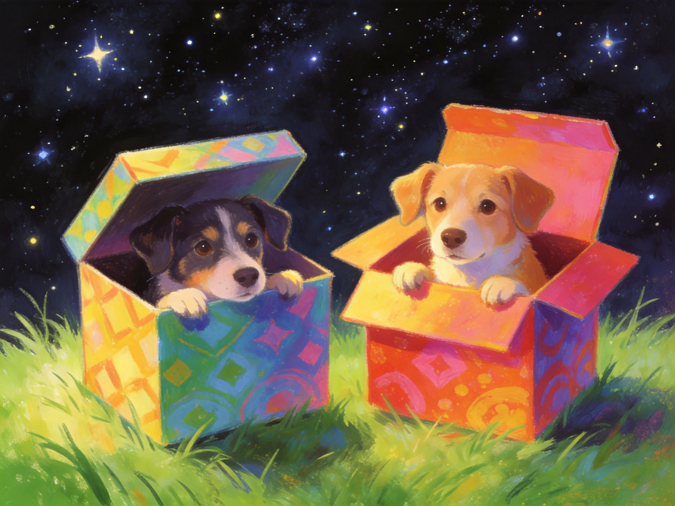 Two puppies in colorful patterned boxes under starry night