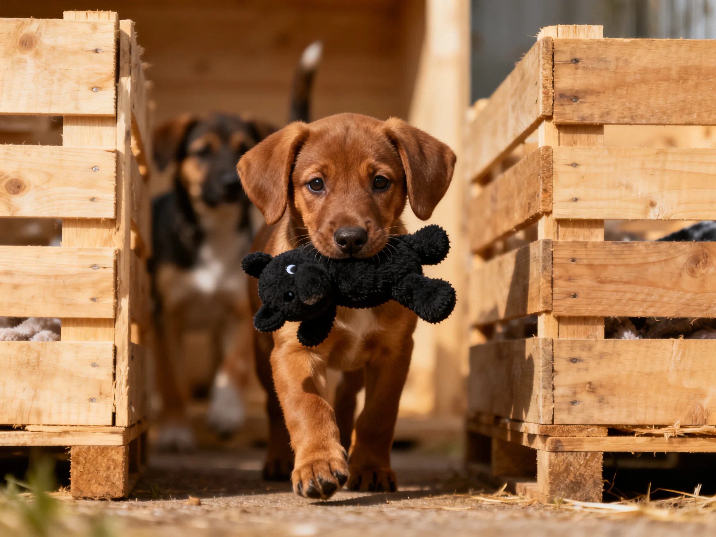 Two puppies near wooden crates, one brown puppy carries black toy