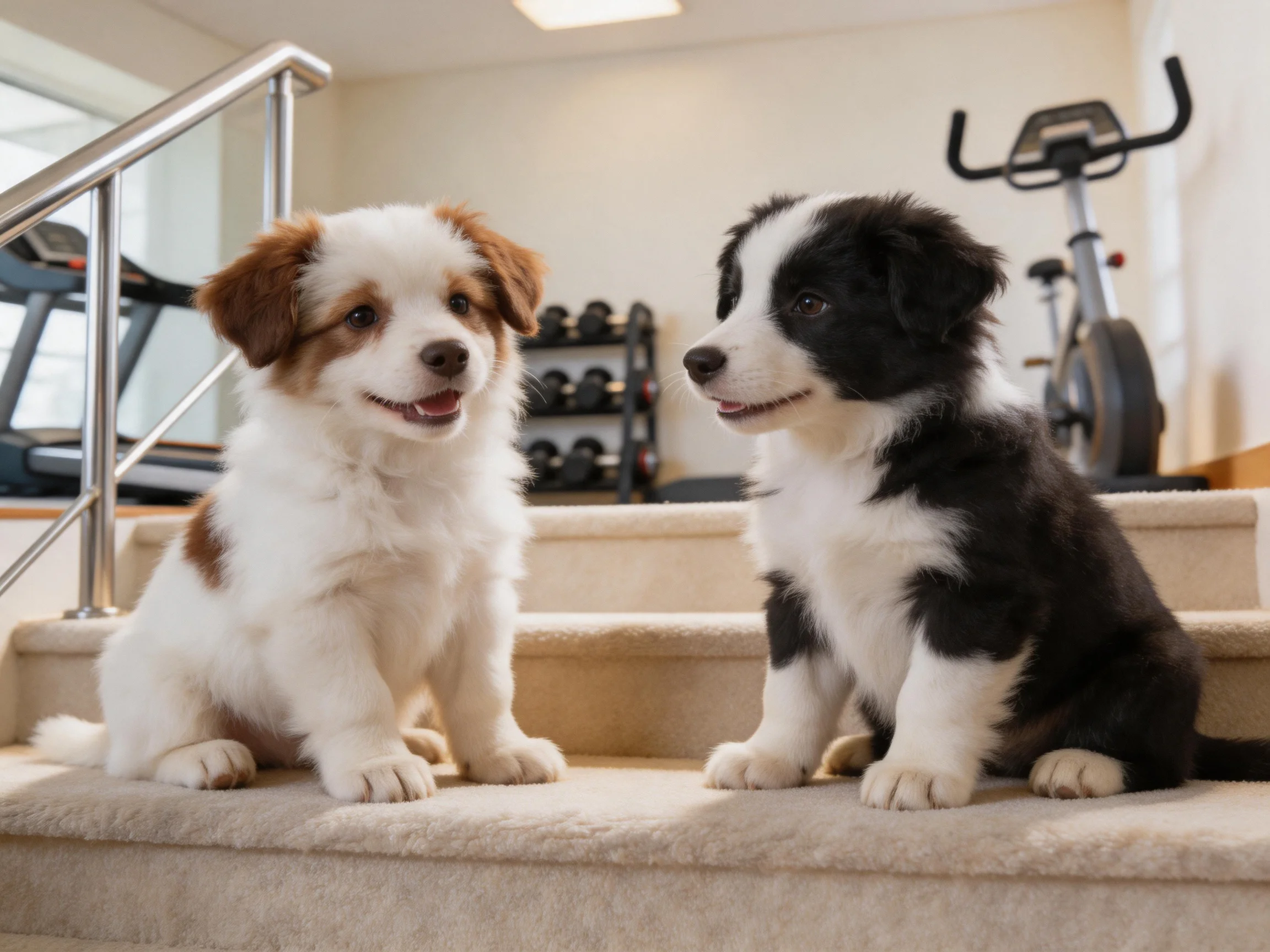 Two puppies of contrasting colors sit on carpeted stairs near exercise equipment