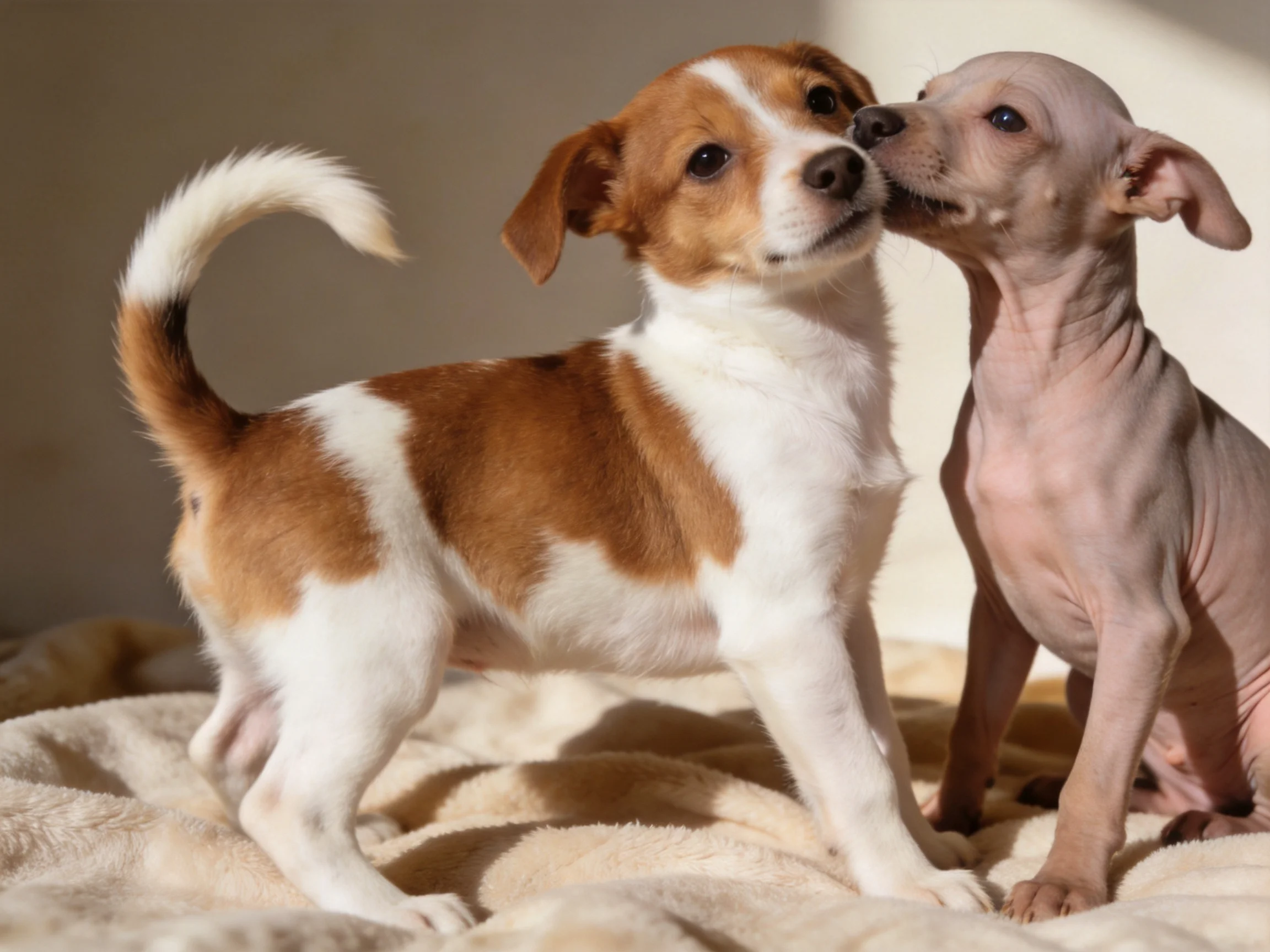 Two puppies—one brown and white, one hairless—on a plush beige blanket with natural light