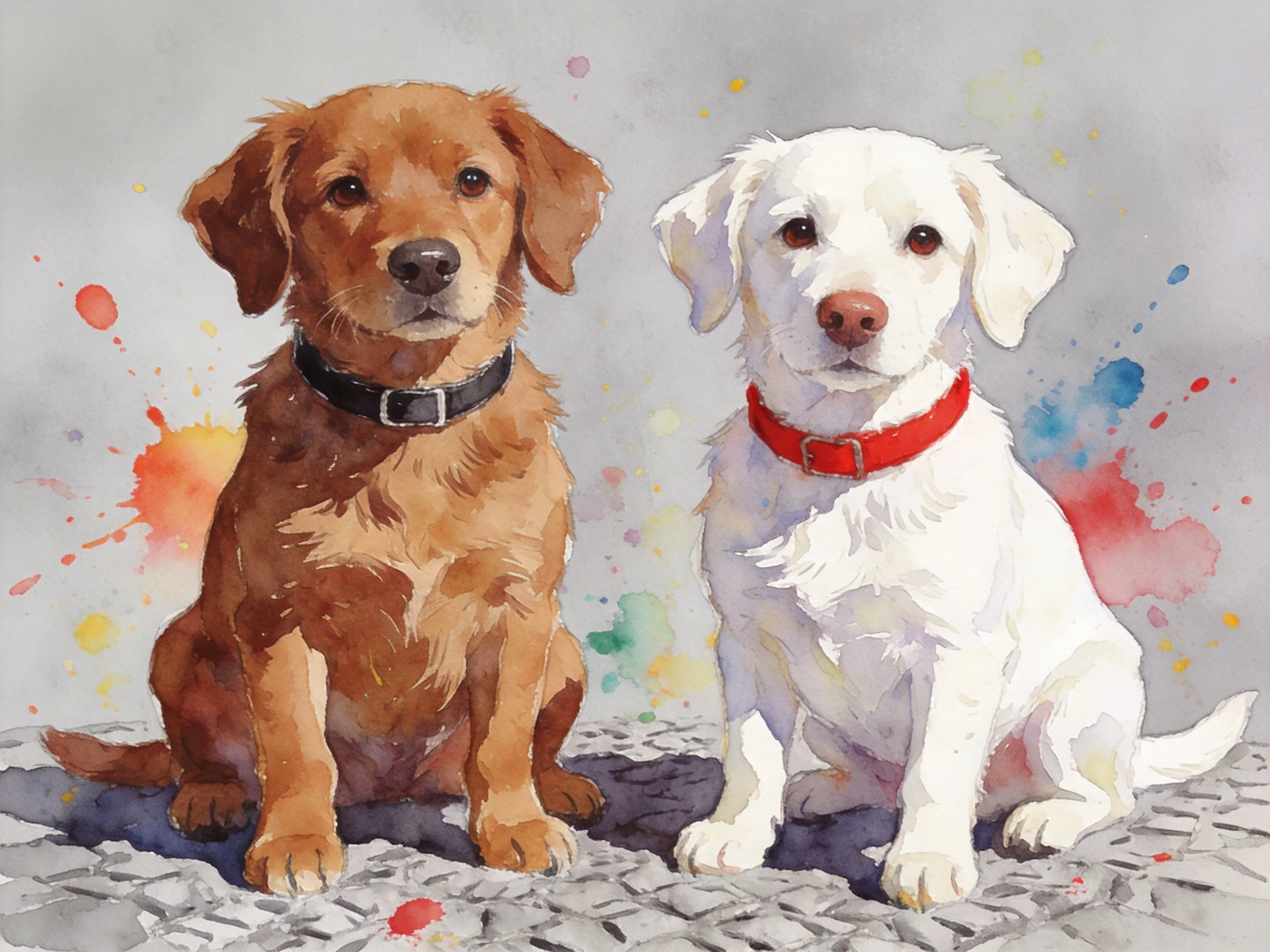 Two puppies, one brown with black collar, one white with red collar, sit amid colorful paint splatter