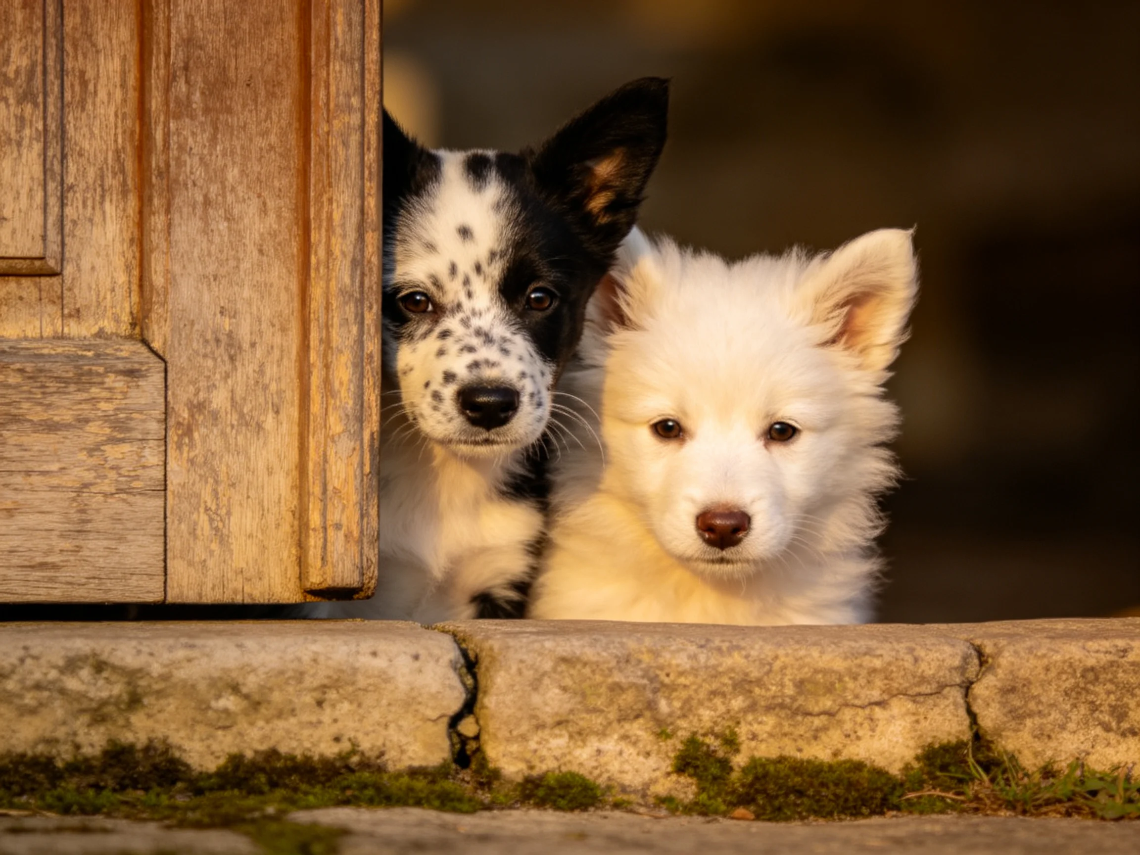 Two puppies—one spotted, one white—peek from a wooden doorway.