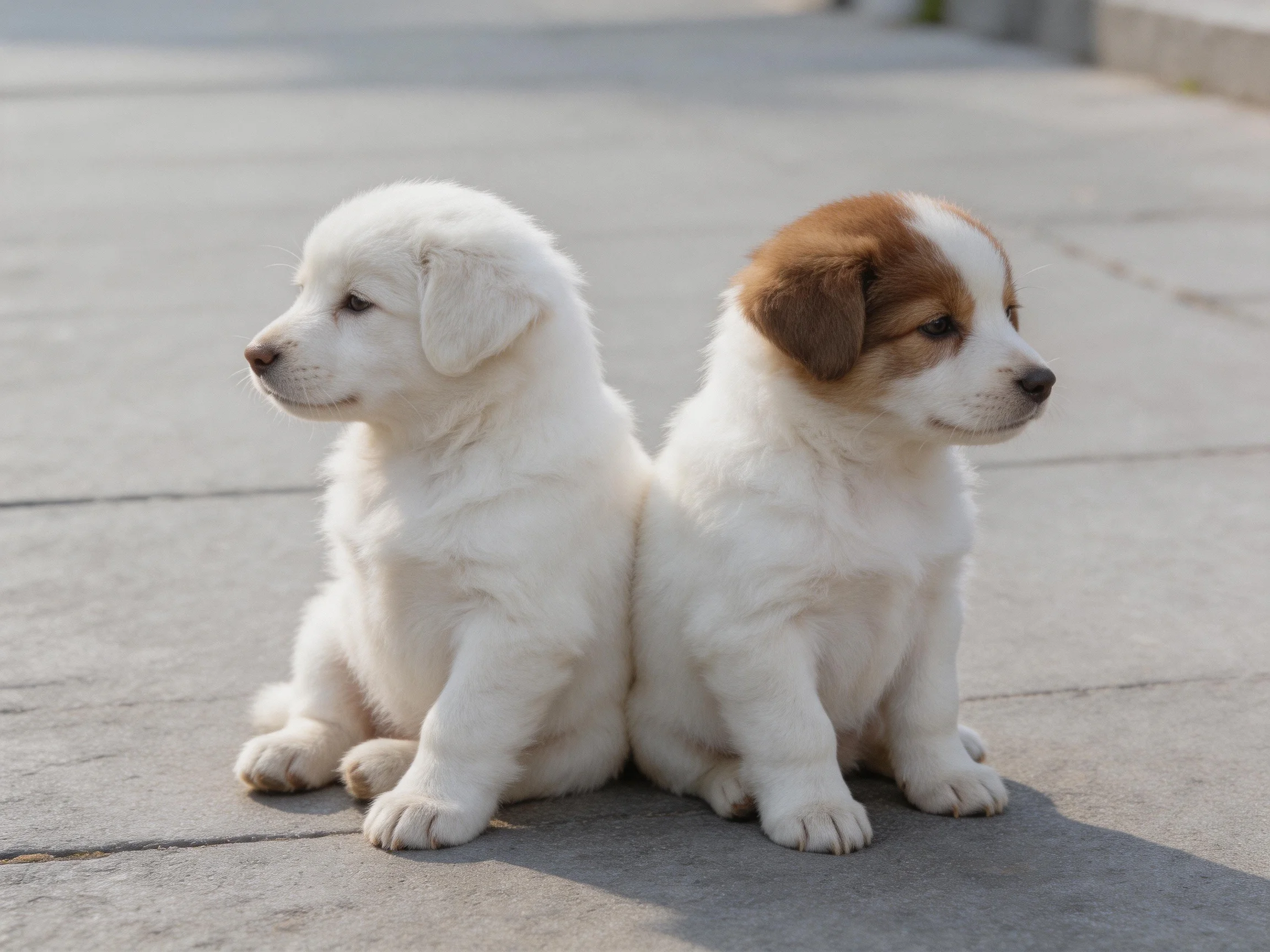 Two puppies sit side by side, one white, one with brown patches