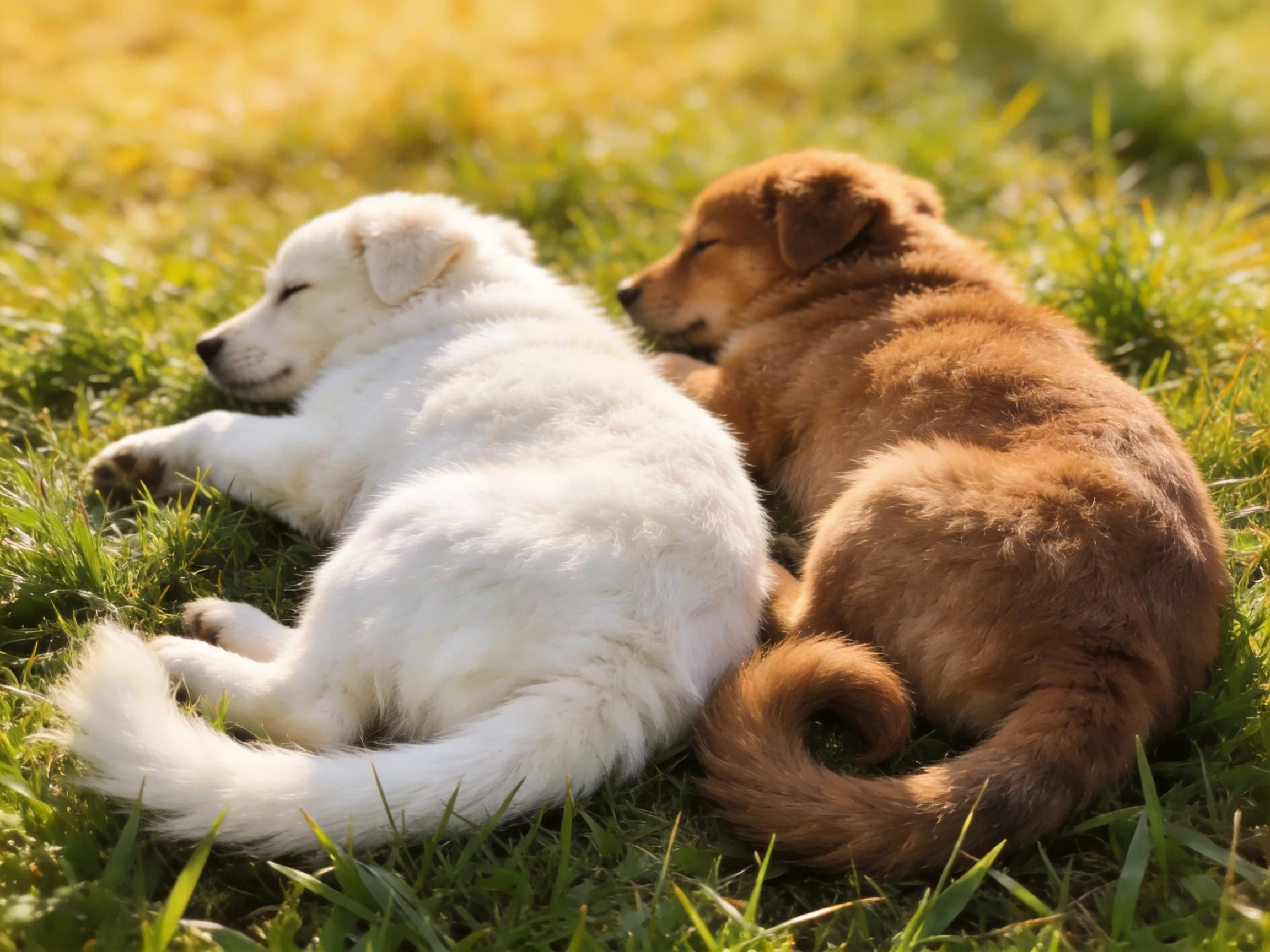 Two puppies, white and brown, rest side by side on sunlit grass
