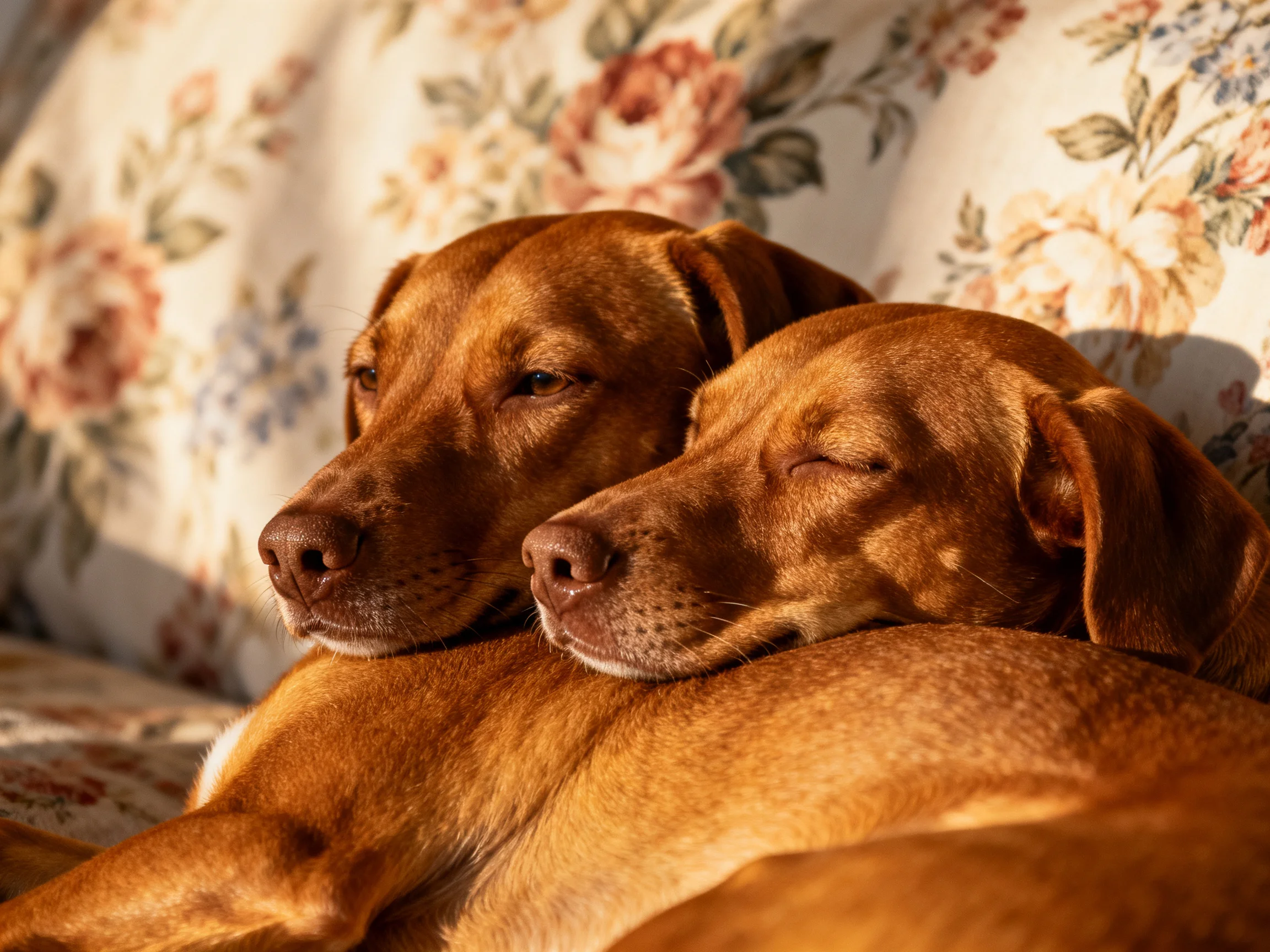 Two reddish-brown dogs cuddle on a floral couch